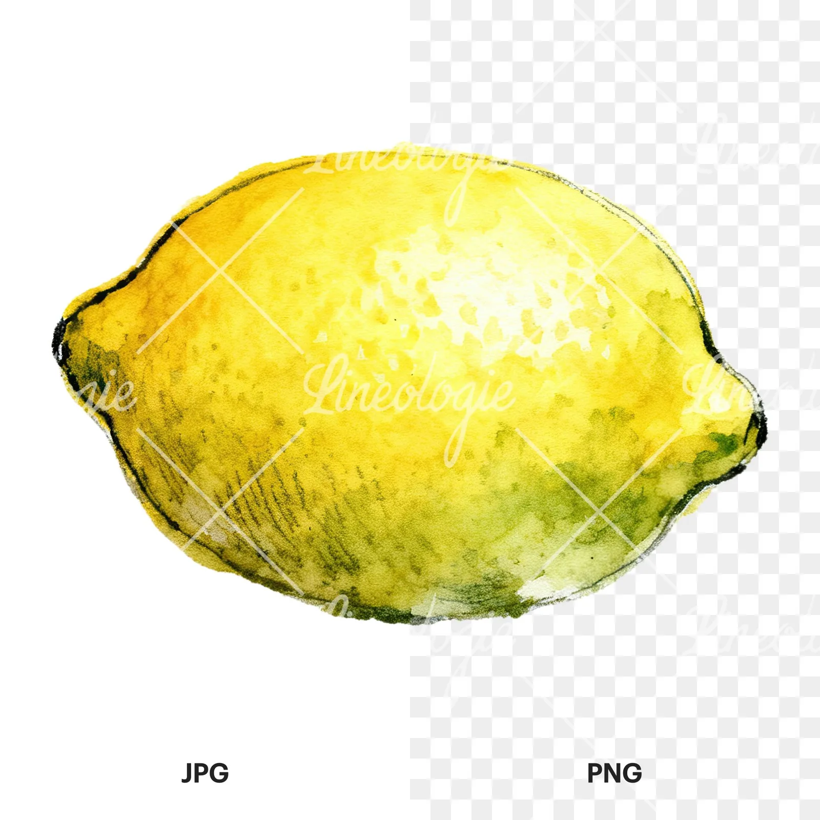 Watercolor sliced and whole lemon clipart 3 of 8, as a JPG on white and a transparent PNG