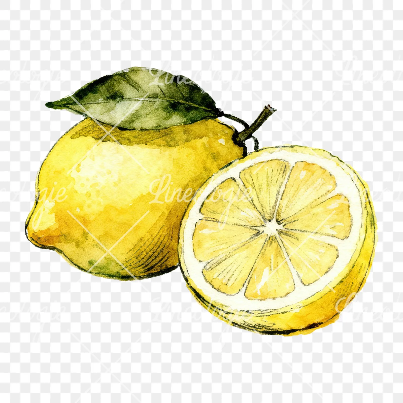 Watercolor sliced and whole lemon clipart 4 of 8 on a transparent background (PNG)