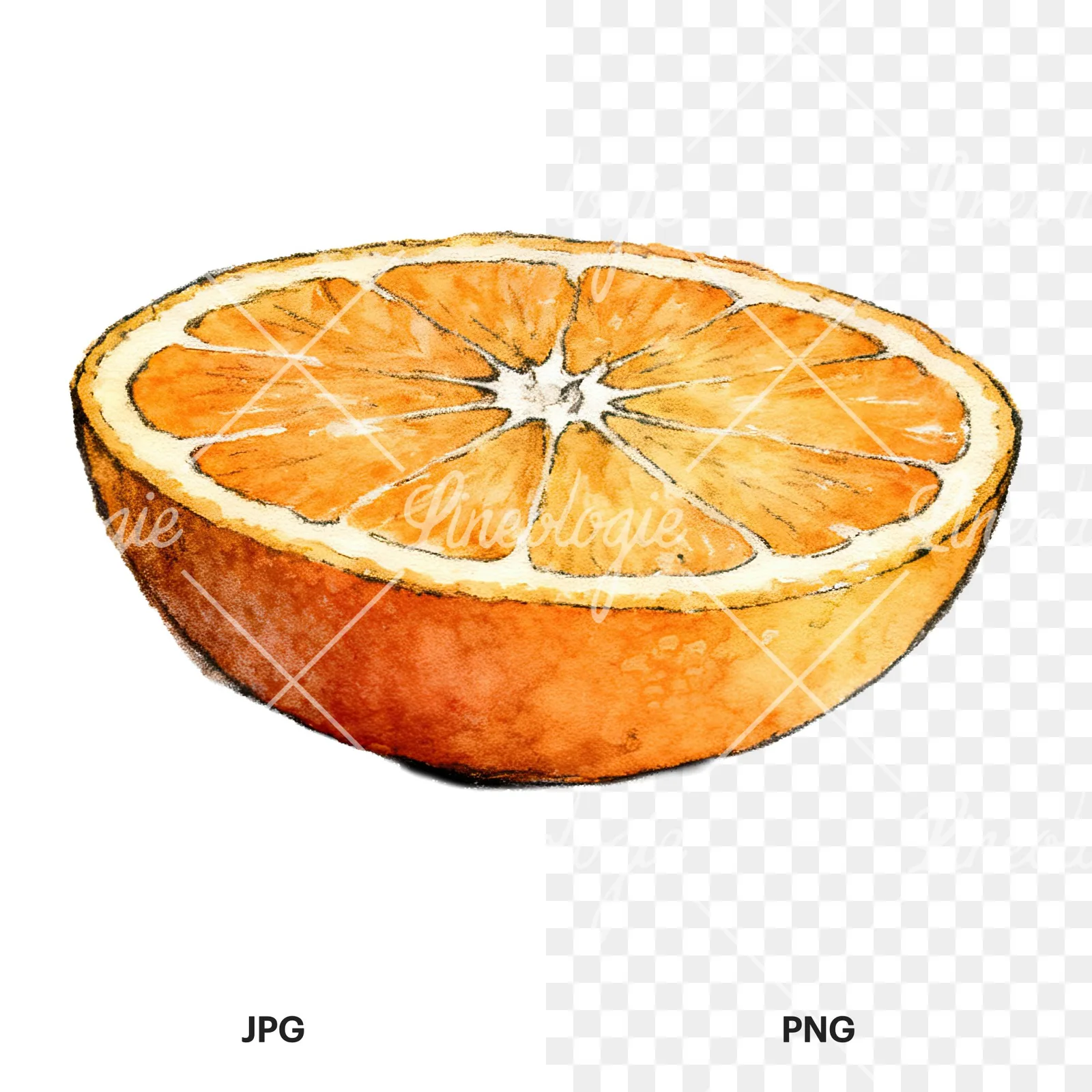 Watercolor orange and segment clipart 3 of 8, as a JPG on white and a transparent PNG