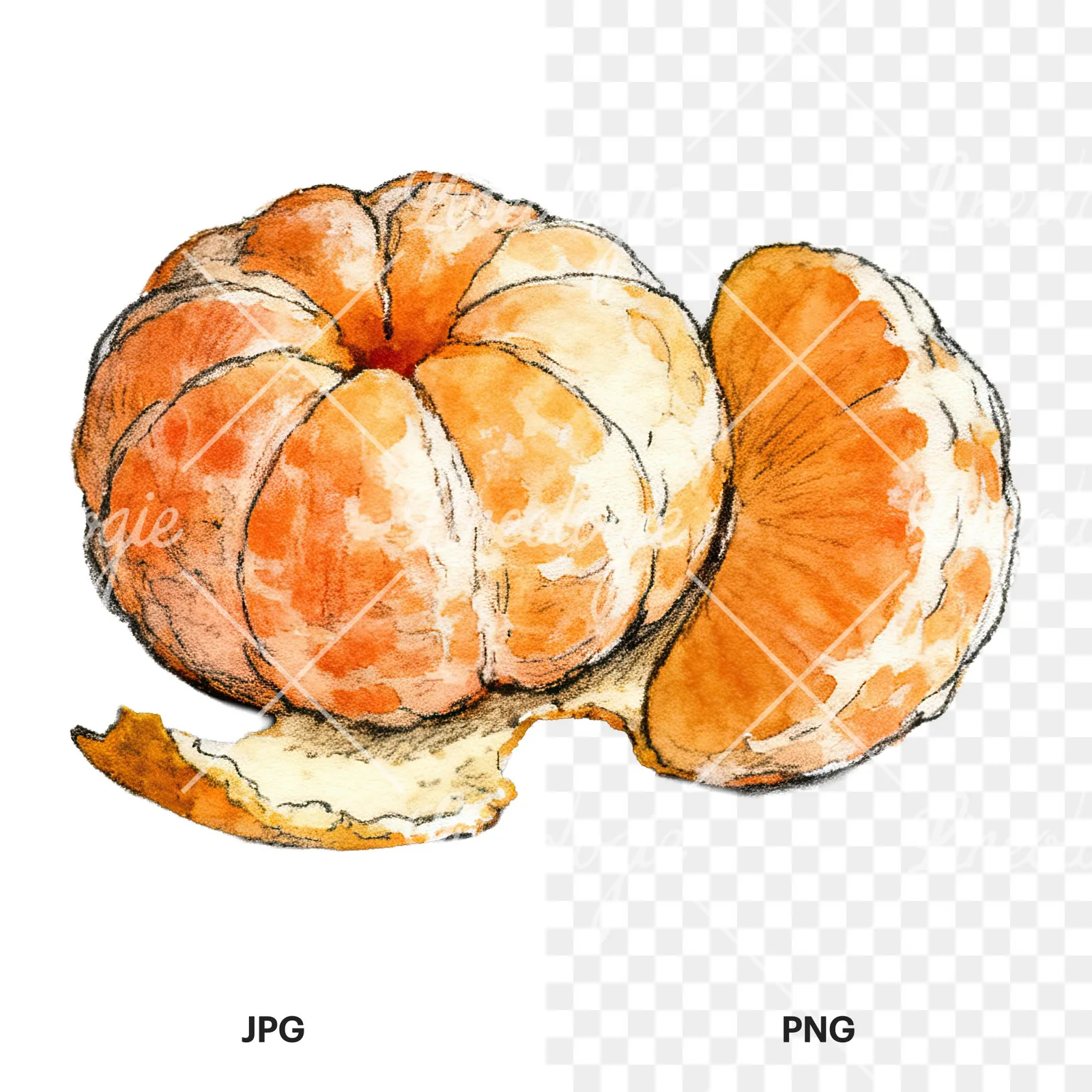Watercolor orange and segment clipart 7 of 8, as a JPG on white and a transparent PNG
