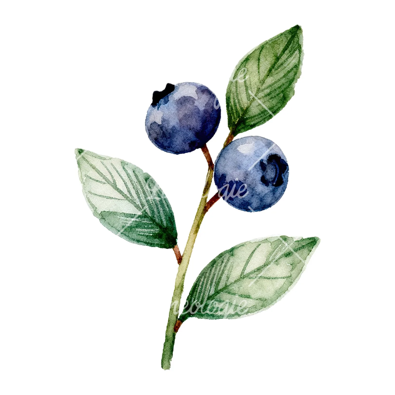 Watercolor blueberry branch clipart 8 of 9 on a white background (JPG)