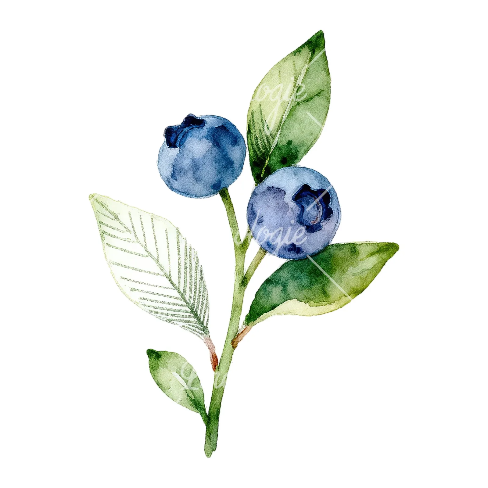 Watercolor blueberry sprig with veined leaves clipart 5 of 9 on a white background (JPG)