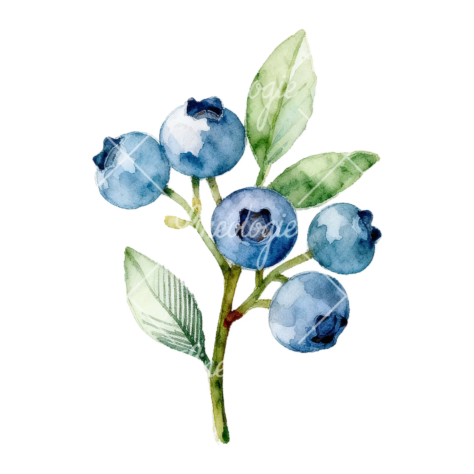 Watercolor blueberry sprig with veined leaves clipart 6 of 9 on a white background (JPG)