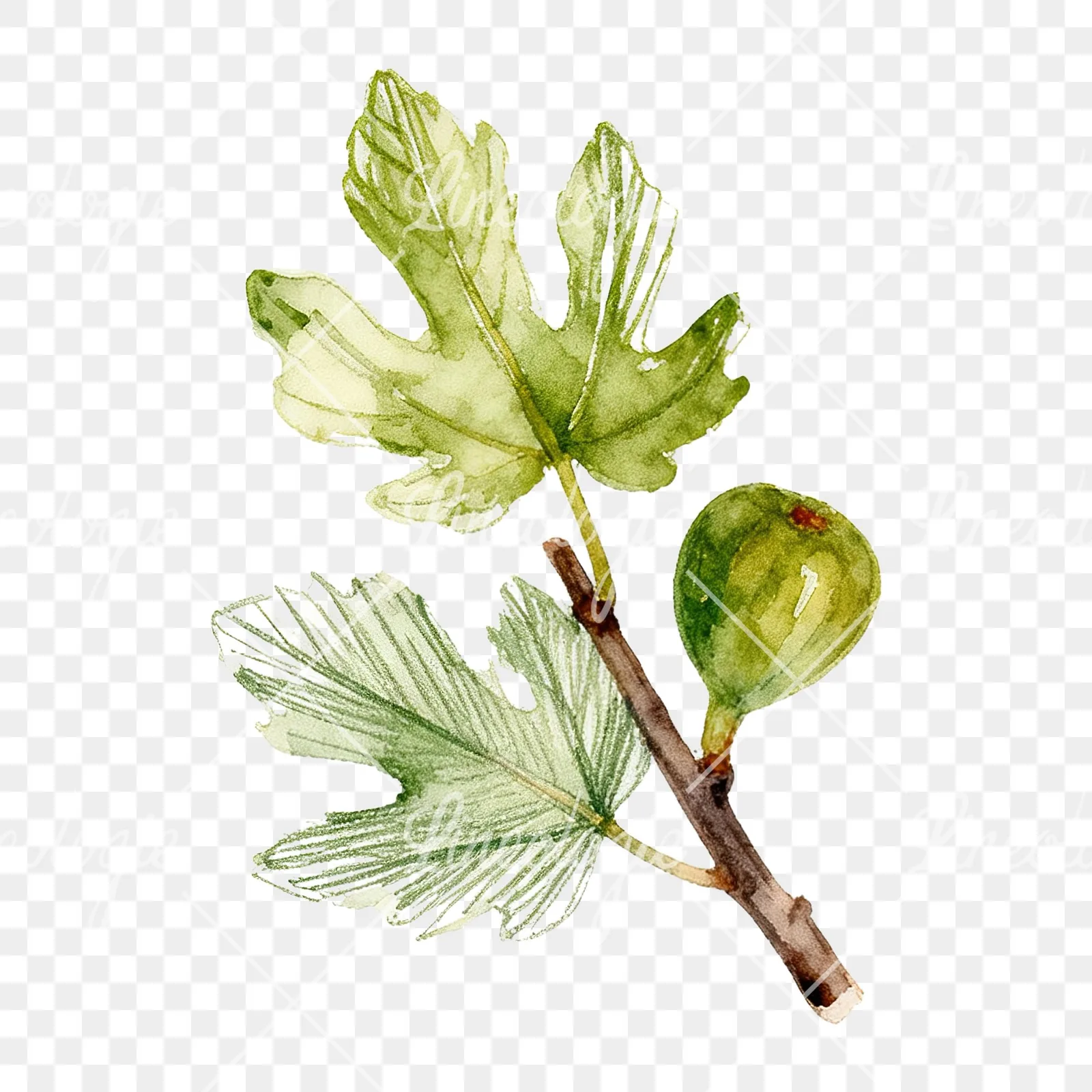 Watercolor fig branch with halved figs clipart 1 of 9 on a transparent background (PNG)