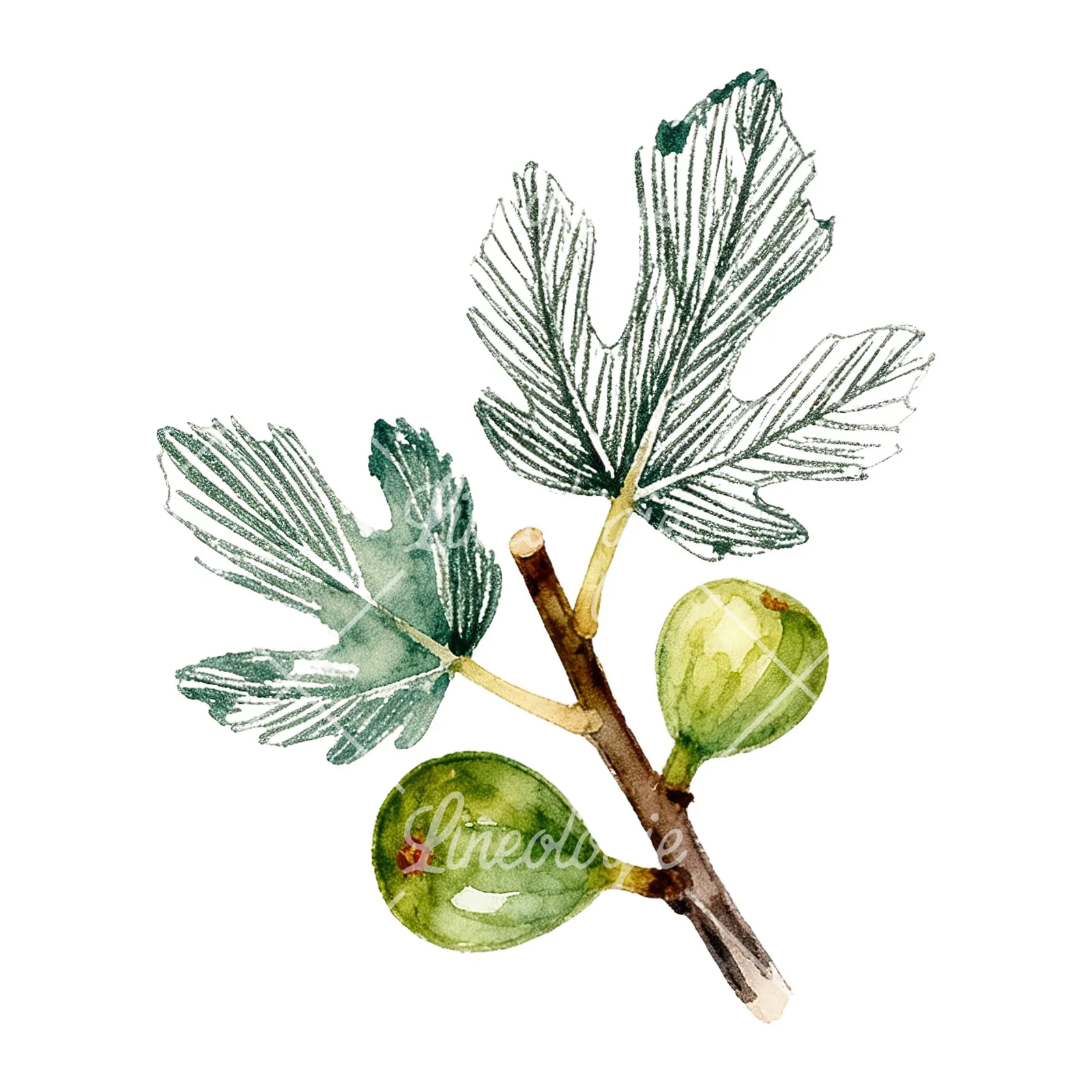 Watercolor fig branch with halved figs clipart 7 of 9 on a white background (JPG)