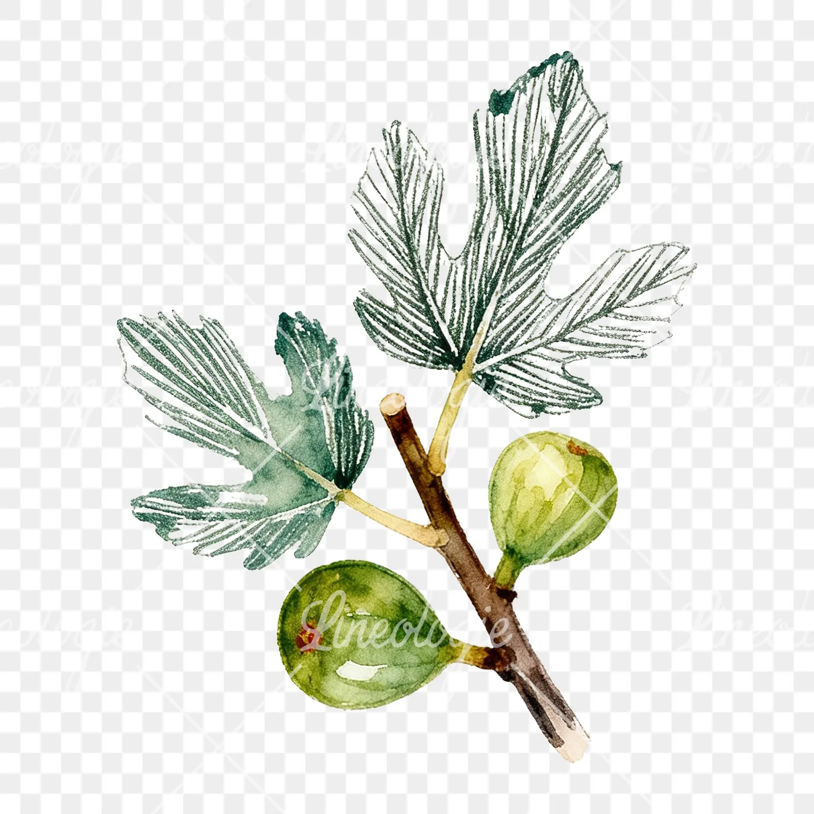 Watercolor fig branch with halved figs clipart 7 of 9 on a transparent background (PNG)