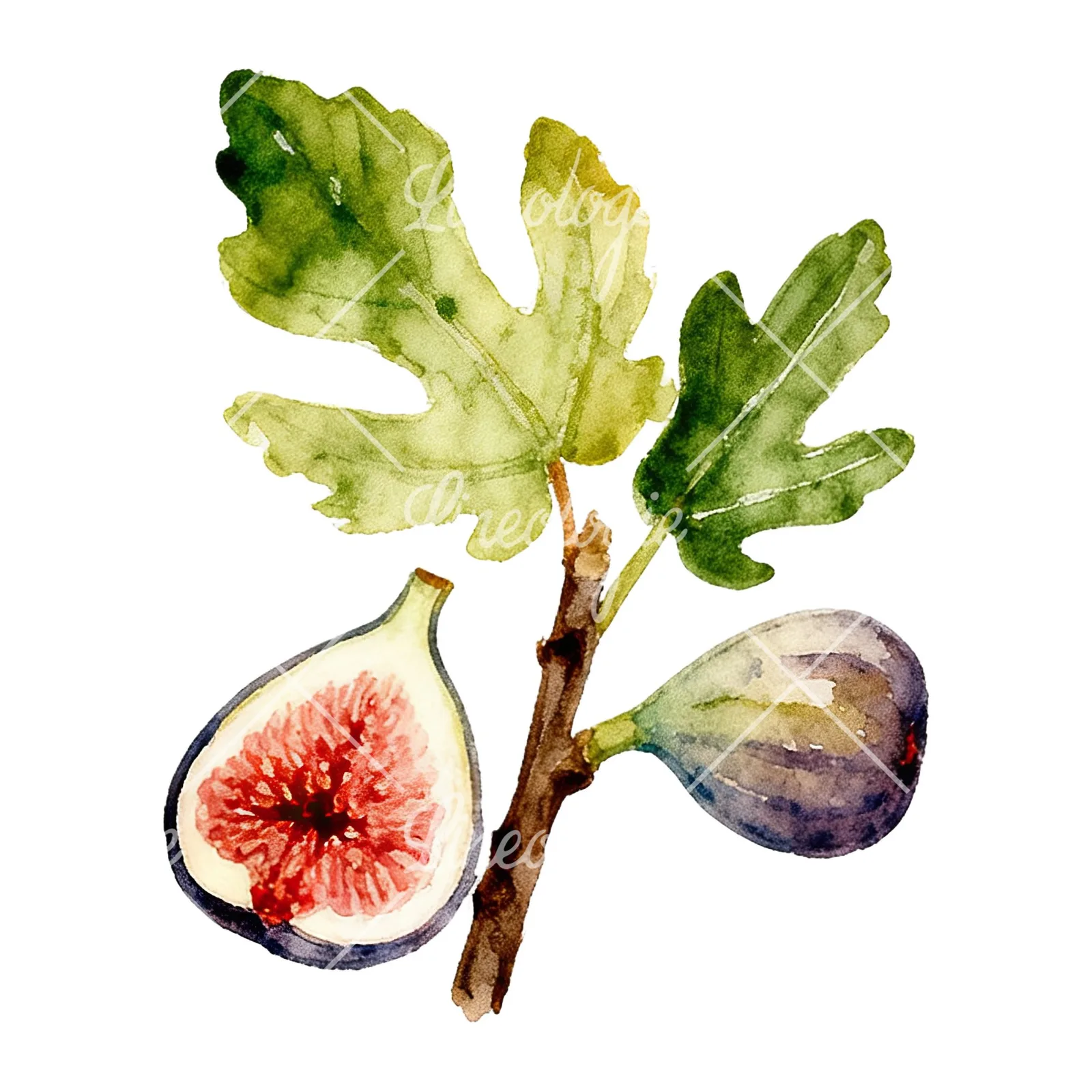Watercolor fig branch with halved figs clipart 8 of 9 on a white background (JPG)