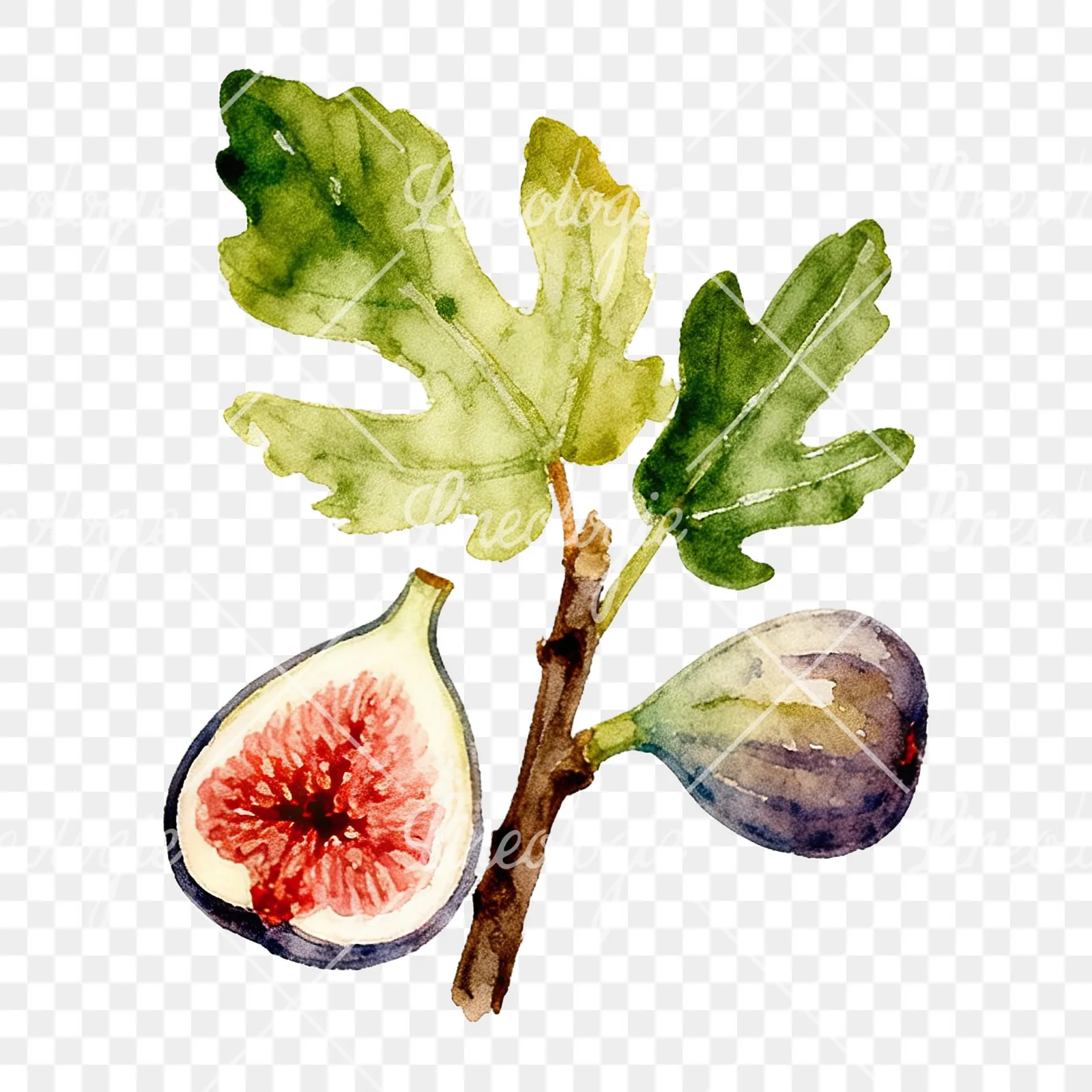 Watercolor fig branch with halved figs clipart 8 of 9 on a transparent background (PNG)