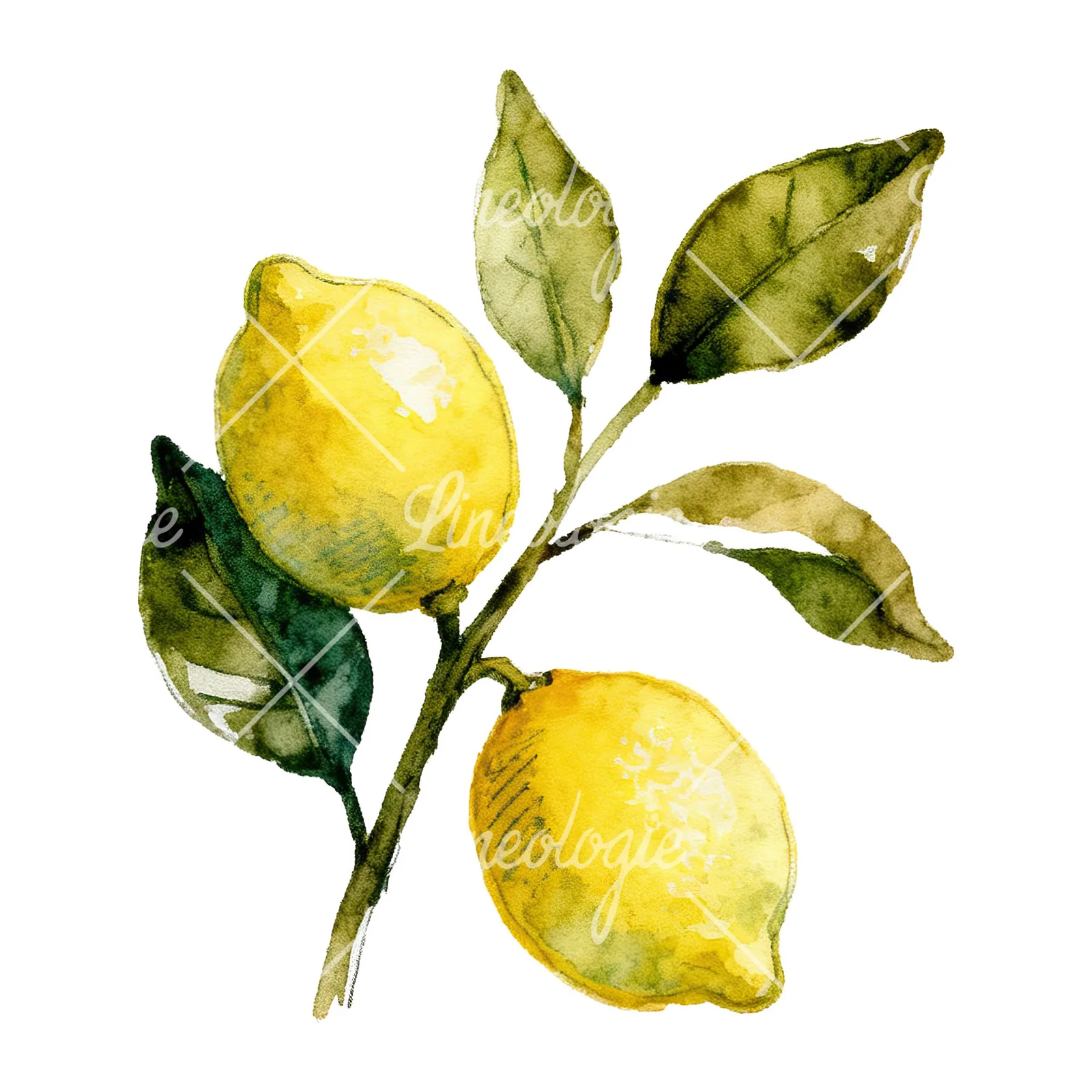 Watercolor lemon branch with clusters clipart 1 of 9 on a white background (JPG)