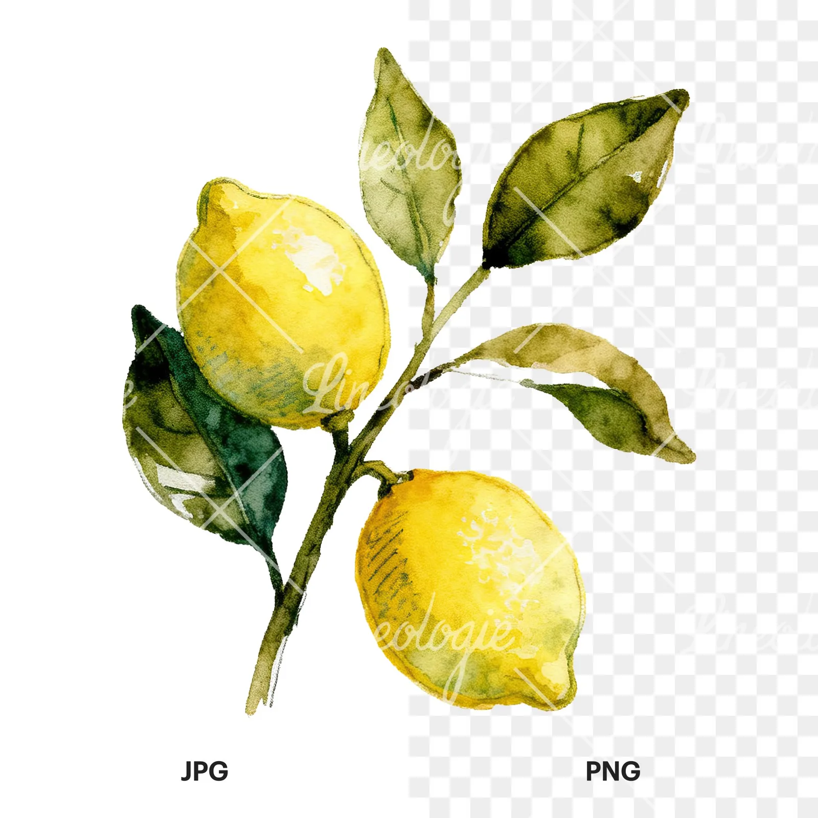 Watercolor lemon branch with clusters clipart 1 of 9, as a JPG on white and a transparent PNG