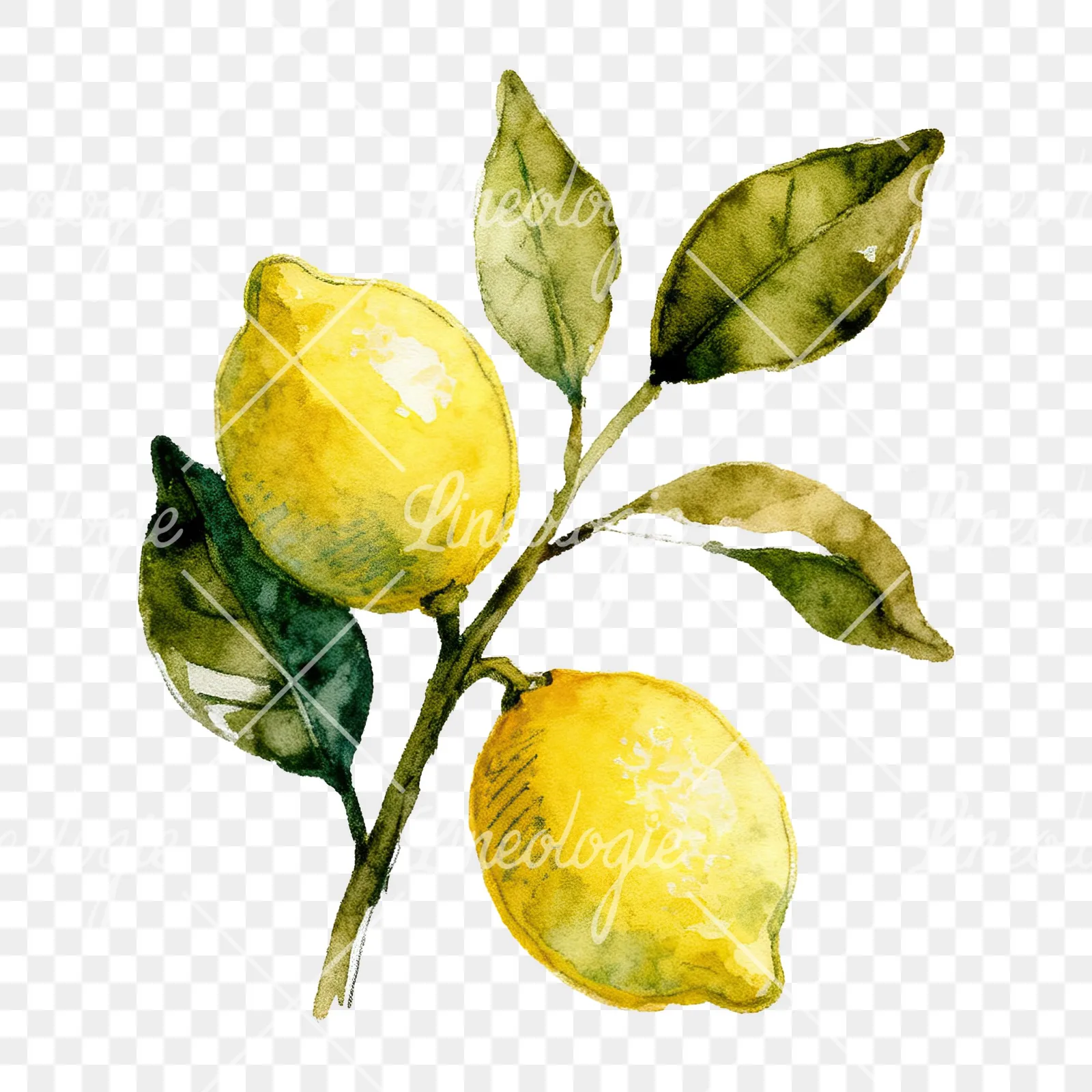 Watercolor lemon branch with clusters clipart 1 of 9 on a transparent background (PNG)