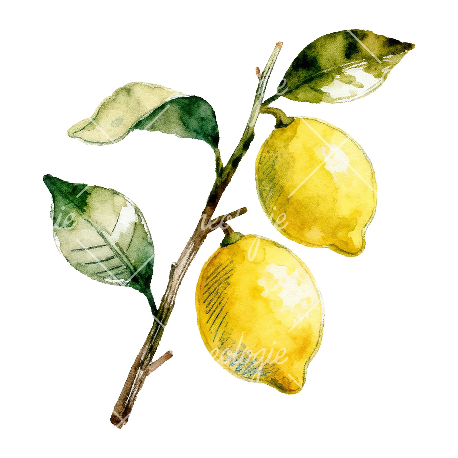 Watercolor lemon branch with clusters clipart 2 of 9 on a white background (JPG)