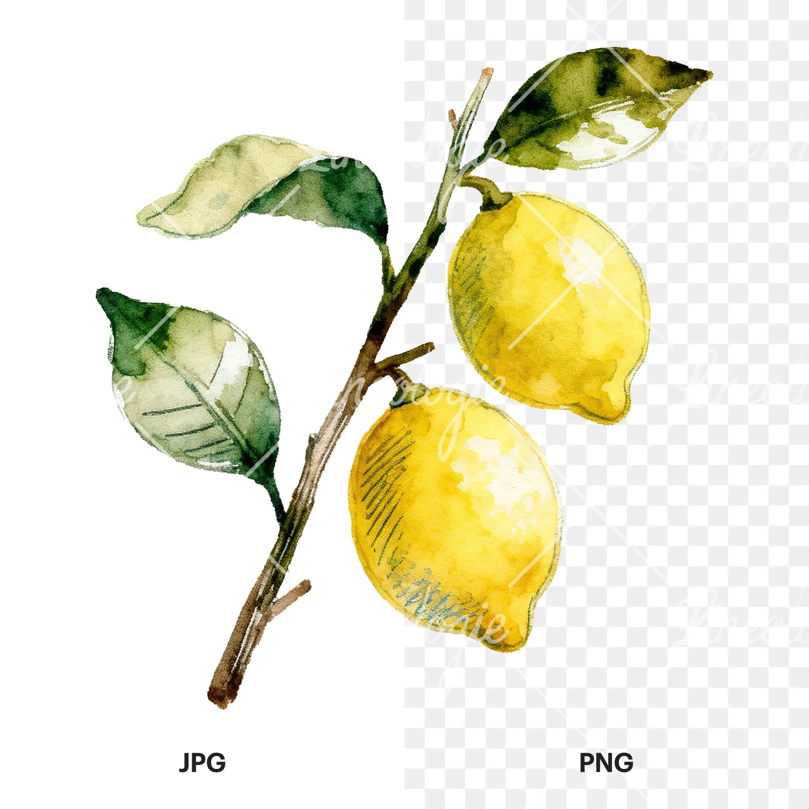 Watercolor lemon branch with clusters clipart 2 of 9, as a JPG on white and a transparent PNG
