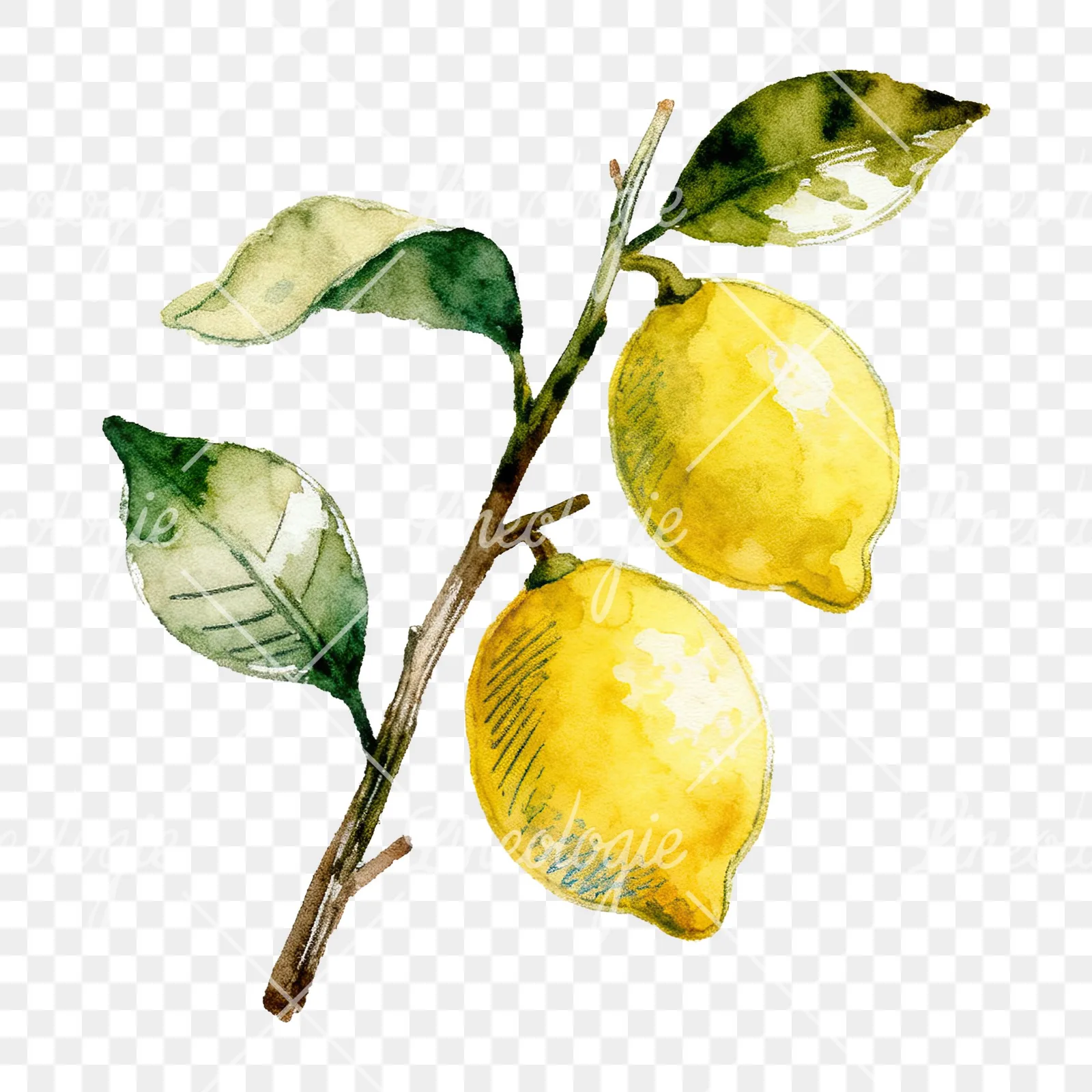 Watercolor lemon branch with clusters clipart 2 of 9 on a transparent background (PNG)