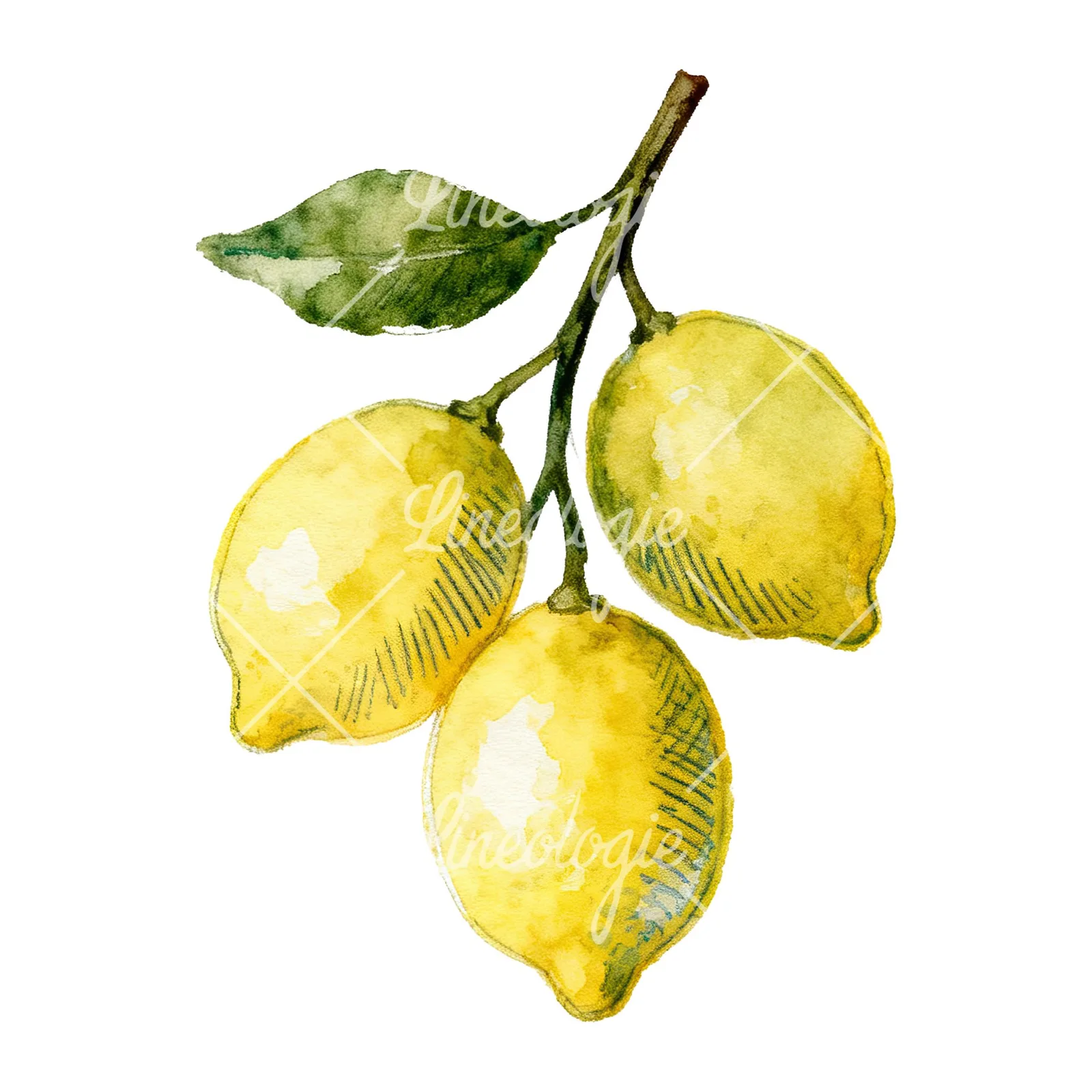 Watercolor lemon branch with clusters clipart 3 of 9 on a white background (JPG)