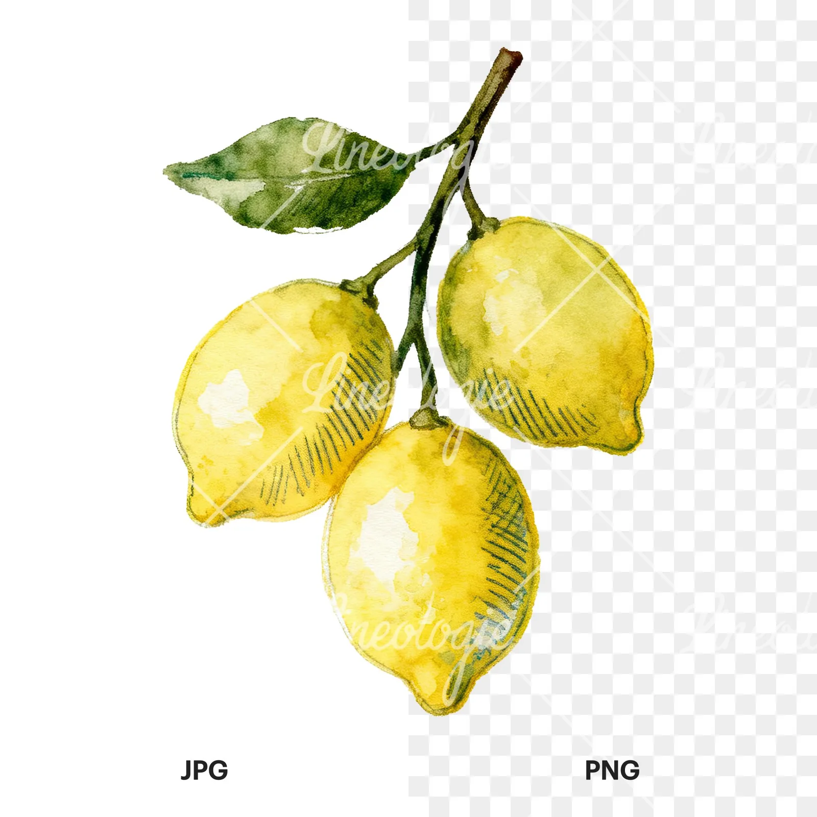 Watercolor lemon branch with clusters clipart 3 of 9, as a JPG on white and a transparent PNG
