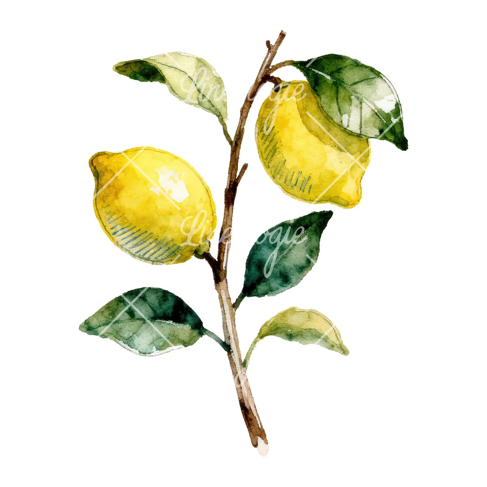 Watercolor lemon branch with clusters clipart 4 of 9 on a white background (JPG)