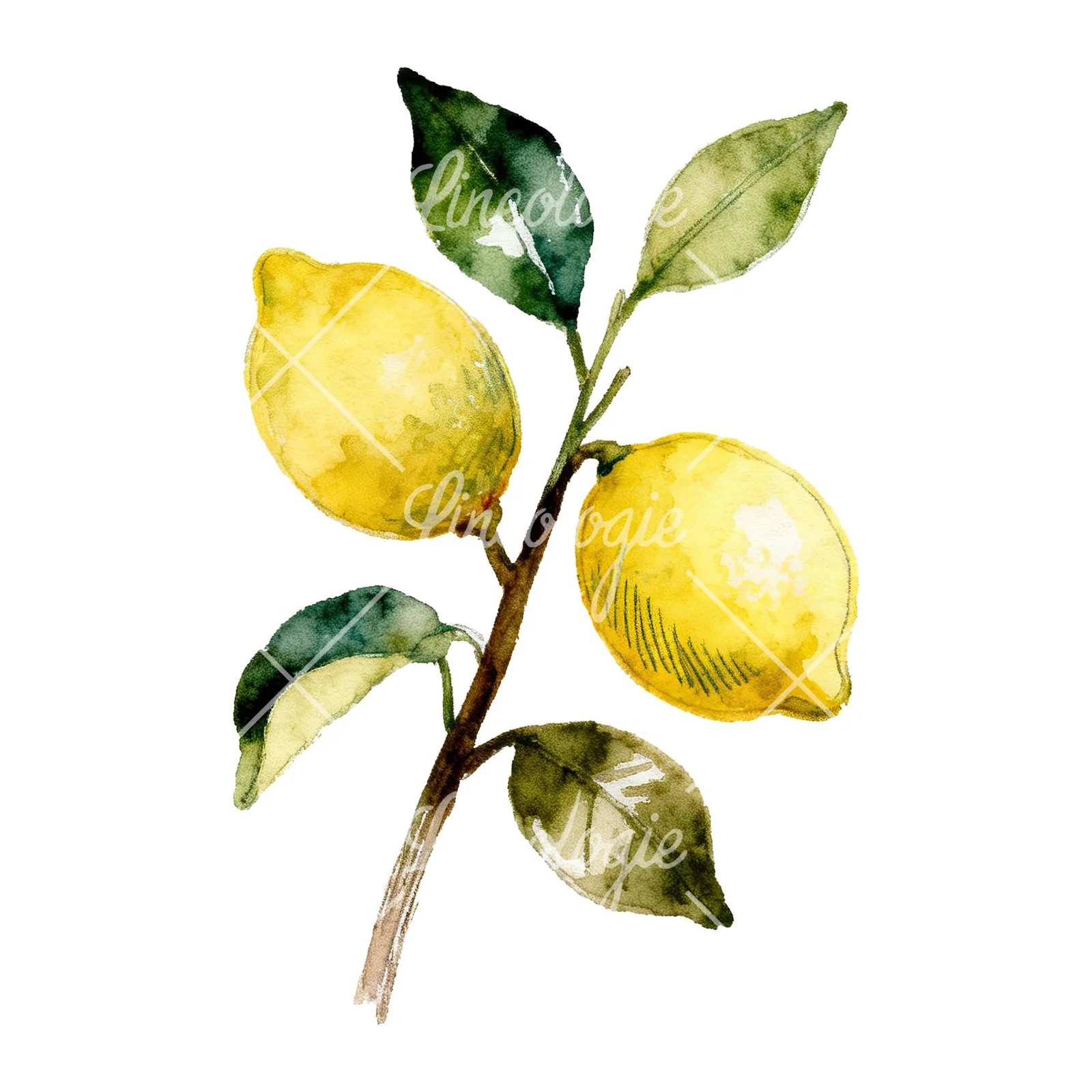 Watercolor lemon branch with clusters clipart 5 of 9 on a white background (JPG)