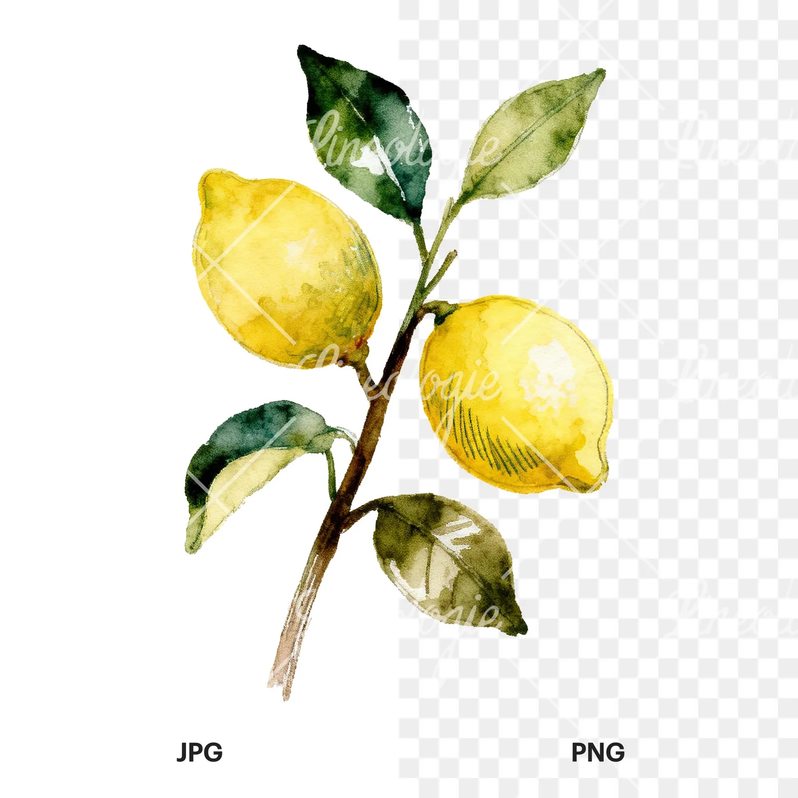 Watercolor lemon branch with clusters clipart 5 of 9, as a JPG on white and a transparent PNG