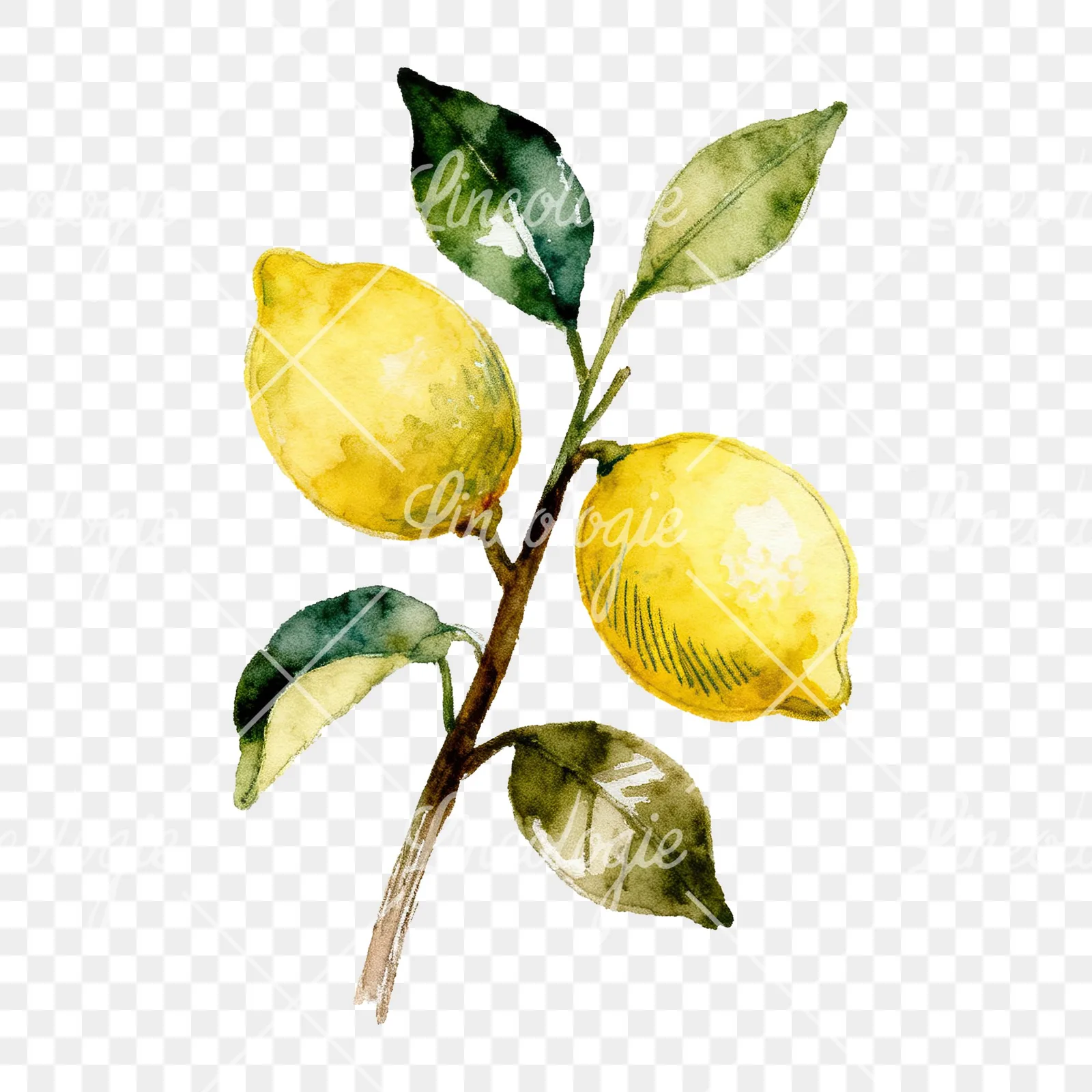 Watercolor lemon branch with clusters clipart 5 of 9 on a transparent background (PNG)