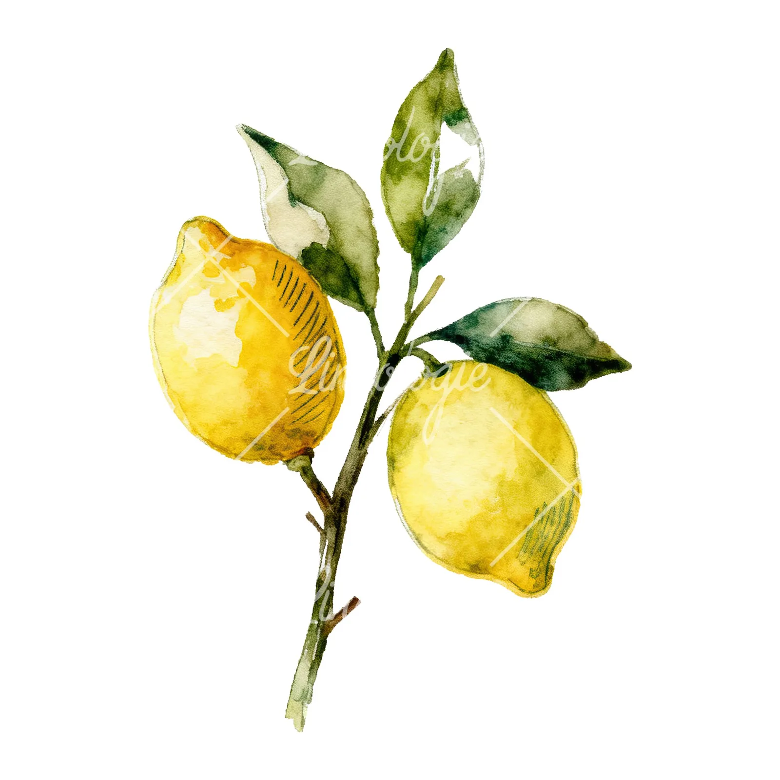 Watercolor lemon branch with clusters clipart 6 of 9 on a white background (JPG)