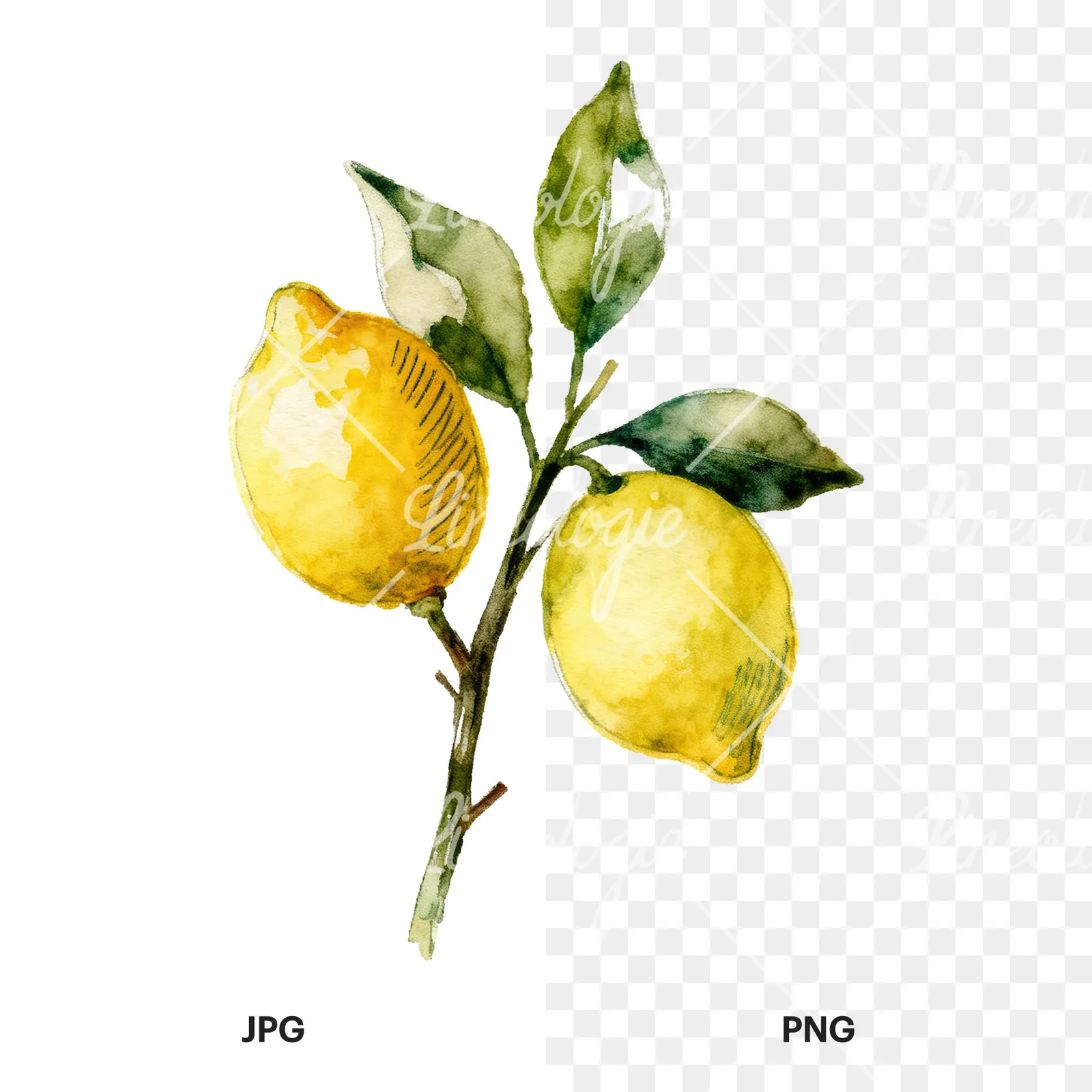 Watercolor lemon branch with clusters clipart 6 of 9, as a JPG on white and a transparent PNG