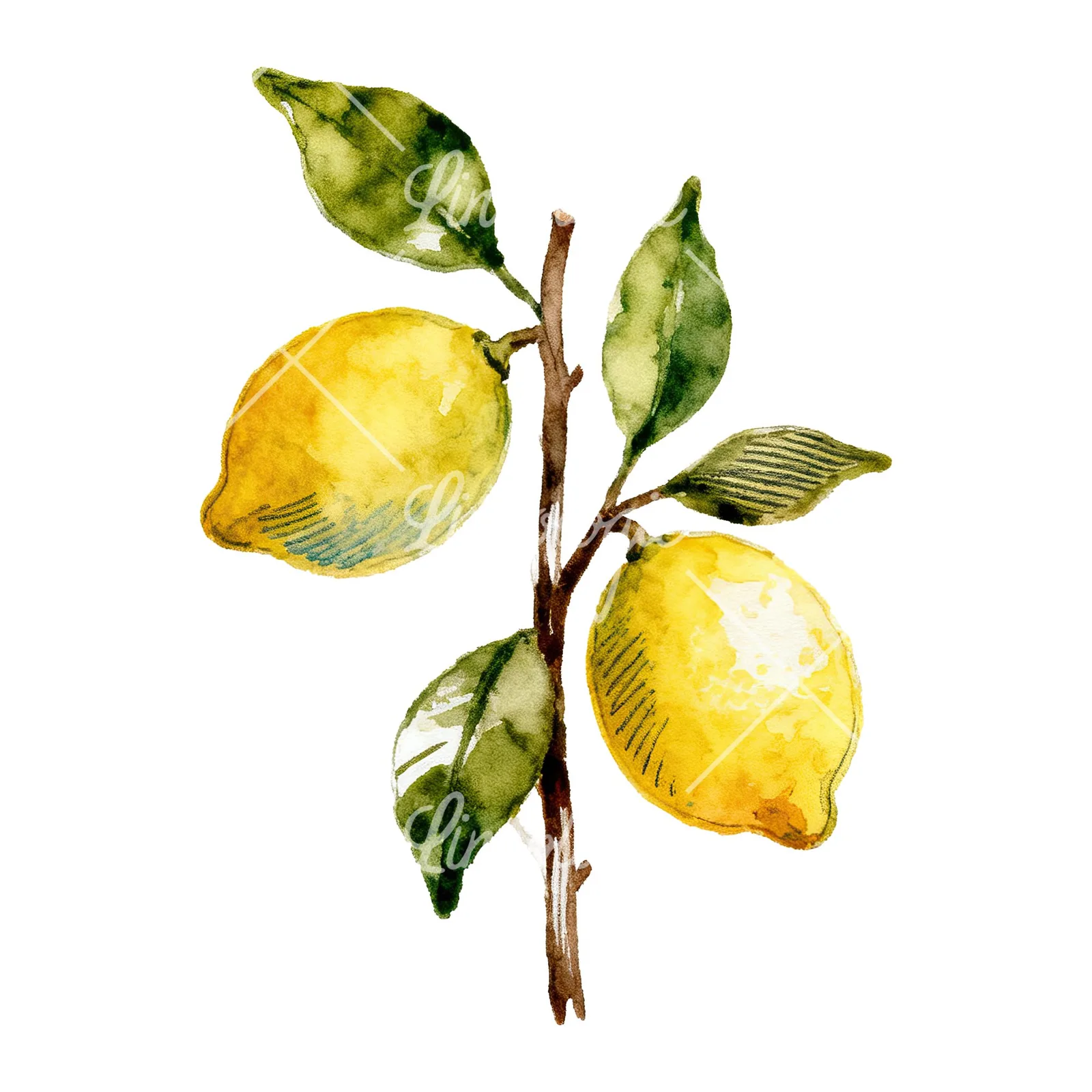 Watercolor lemon branch with clusters clipart 7 of 9 on a white background (JPG)