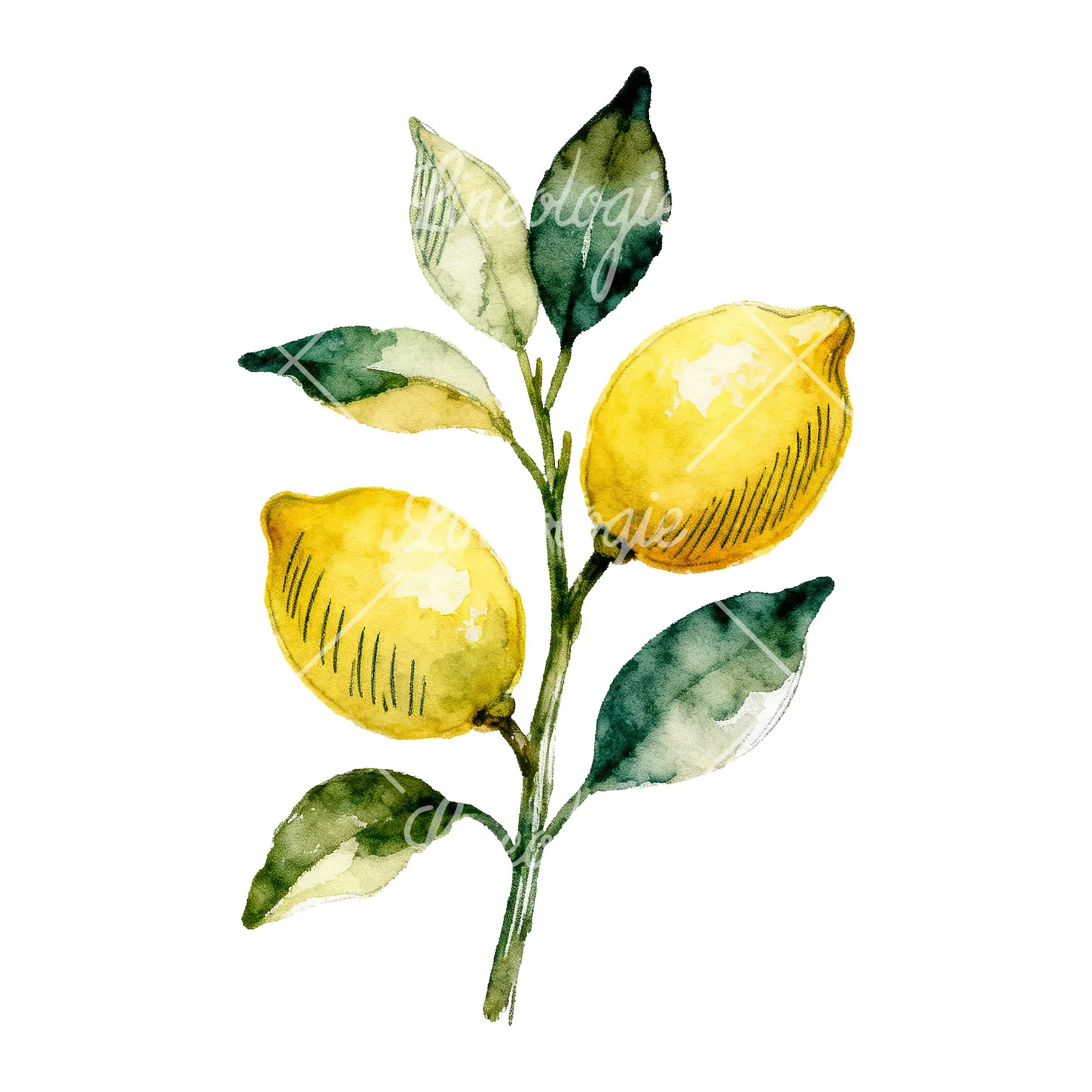Watercolor lemon branch with clusters clipart 8 of 9 on a white background (JPG)
