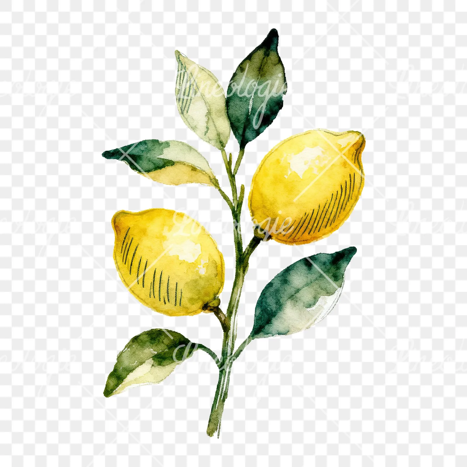 Watercolor lemon branch with clusters clipart 8 of 9 on a transparent background (PNG)