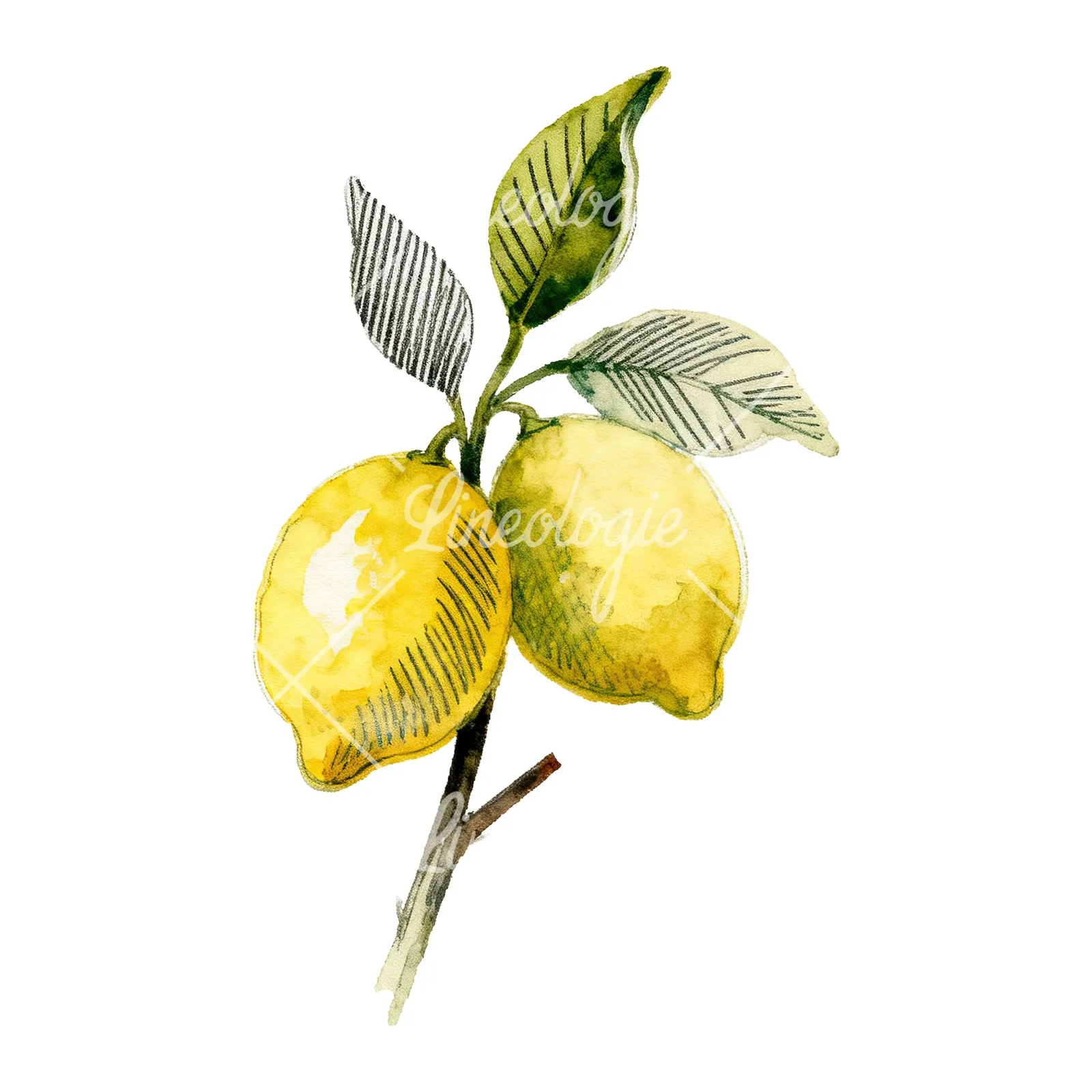 Watercolor lemon branch with clusters clipart 9 of 9 on a white background (JPG)