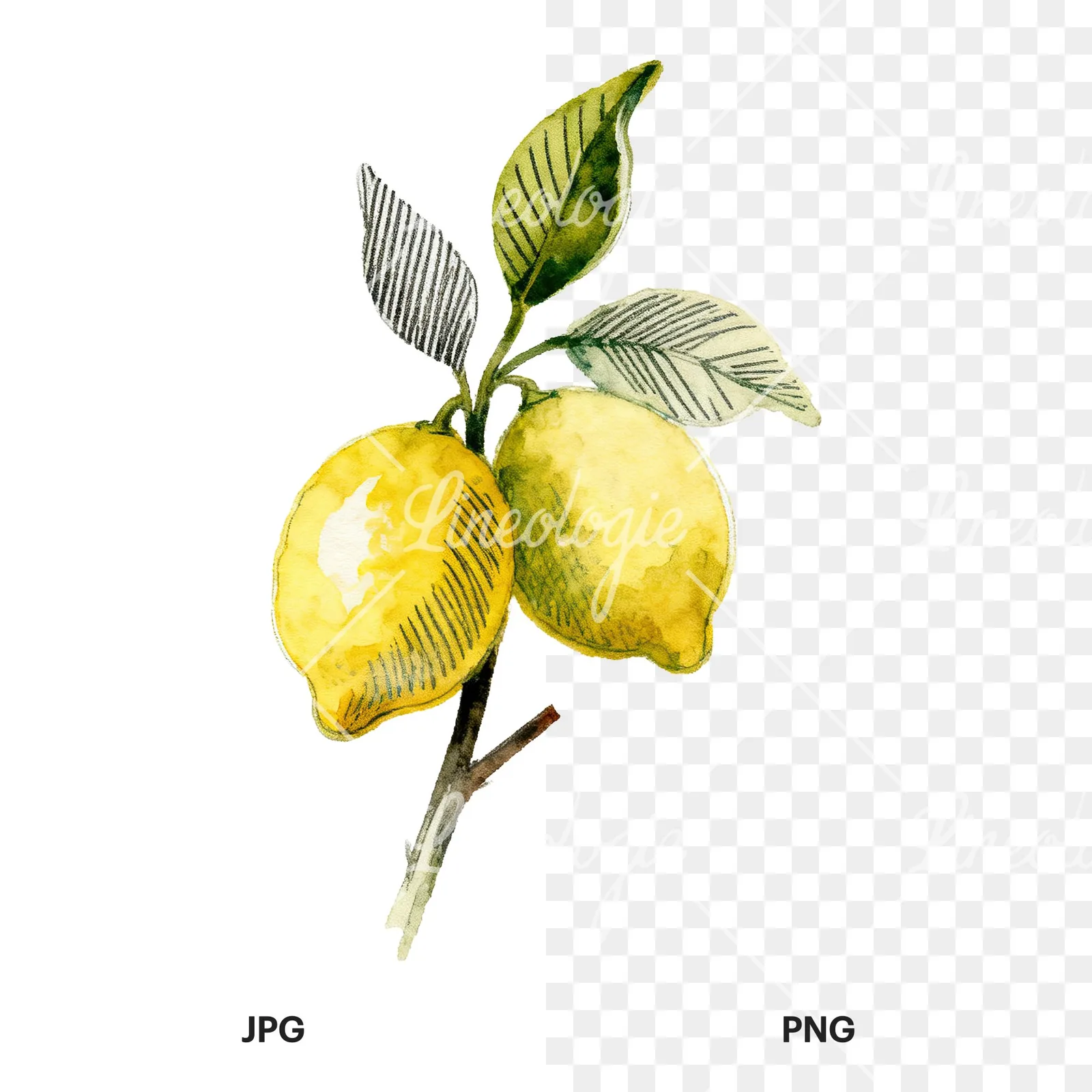 Watercolor lemon branch with clusters clipart 9 of 9, as a JPG on white and a transparent PNG