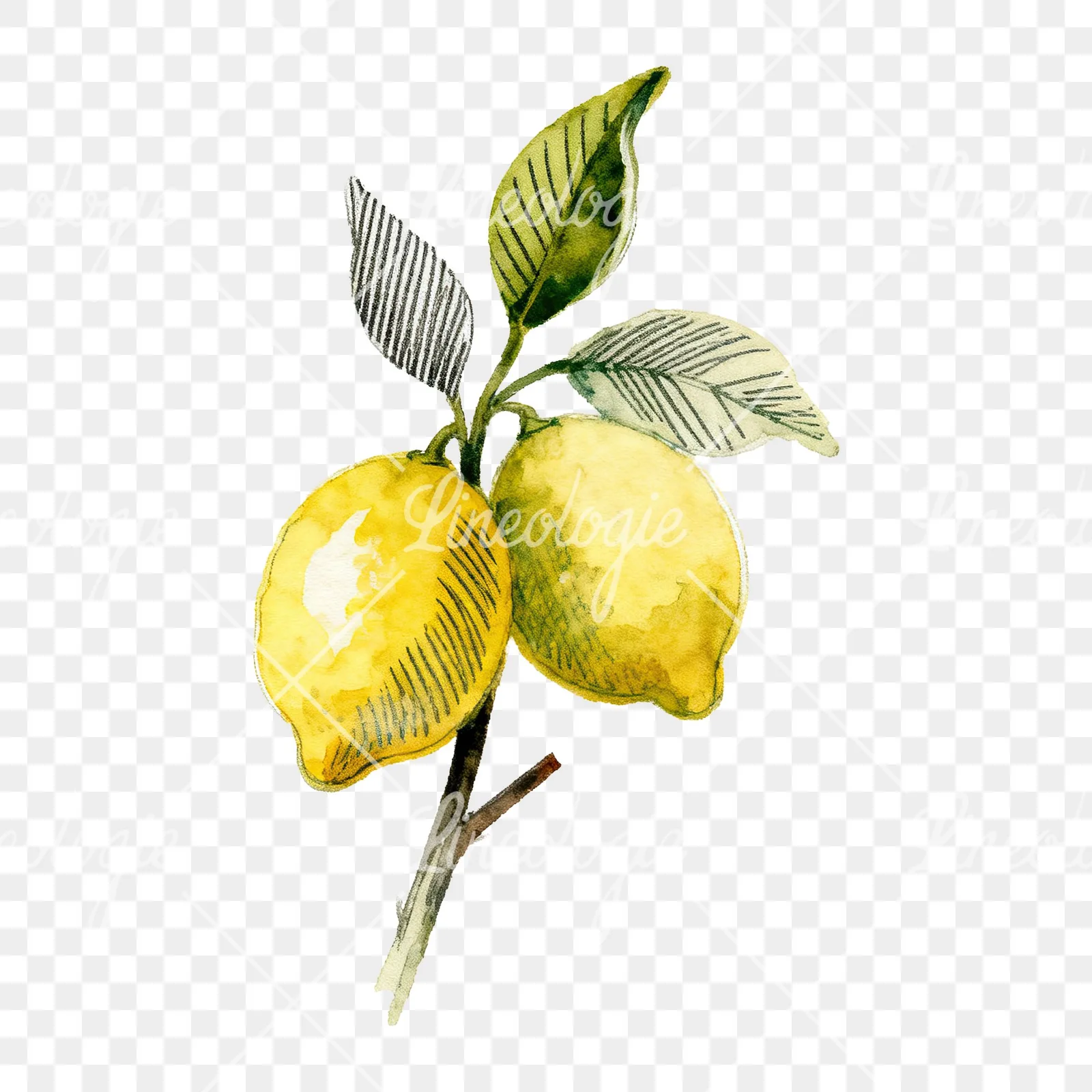Watercolor lemon branch with clusters clipart 9 of 9 on a transparent background (PNG)