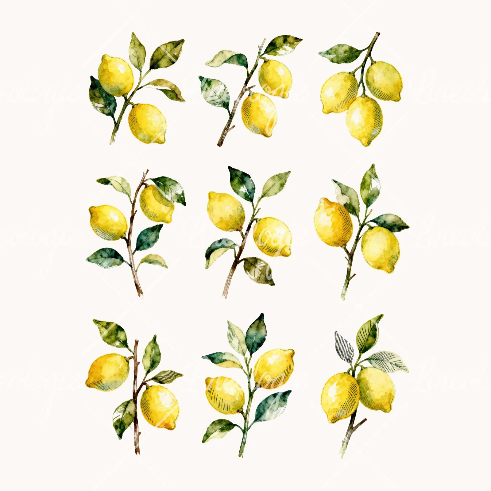 Watercolor Lemon Branch with Clusters Clipart, all 9 illustrations in the pack