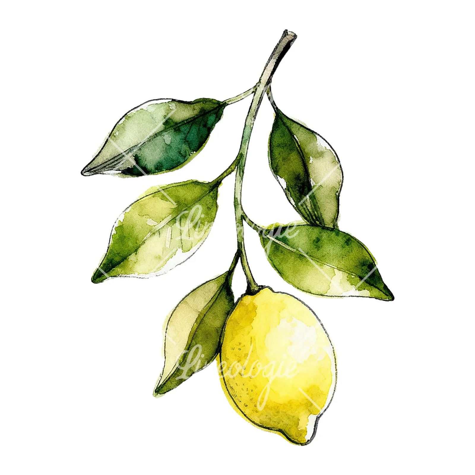 Watercolor lemon branch with leafy details clipart 1 of 9 on a white background (JPG)