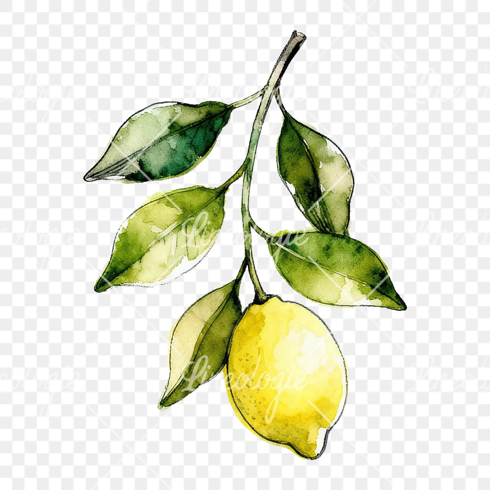Watercolor lemon branch with leafy details clipart 1 of 9 on a transparent background (PNG)
