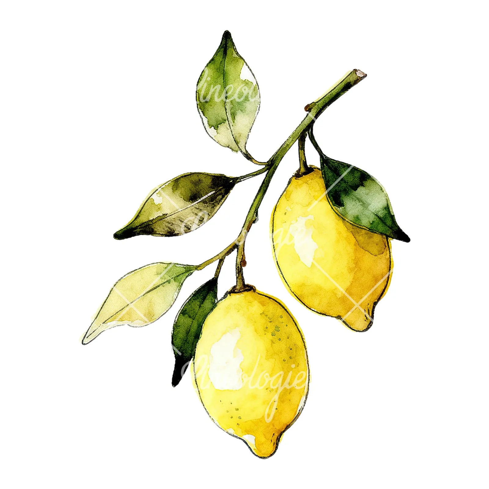 Watercolor lemon branch with leafy details clipart 2 of 9 on a white background (JPG)