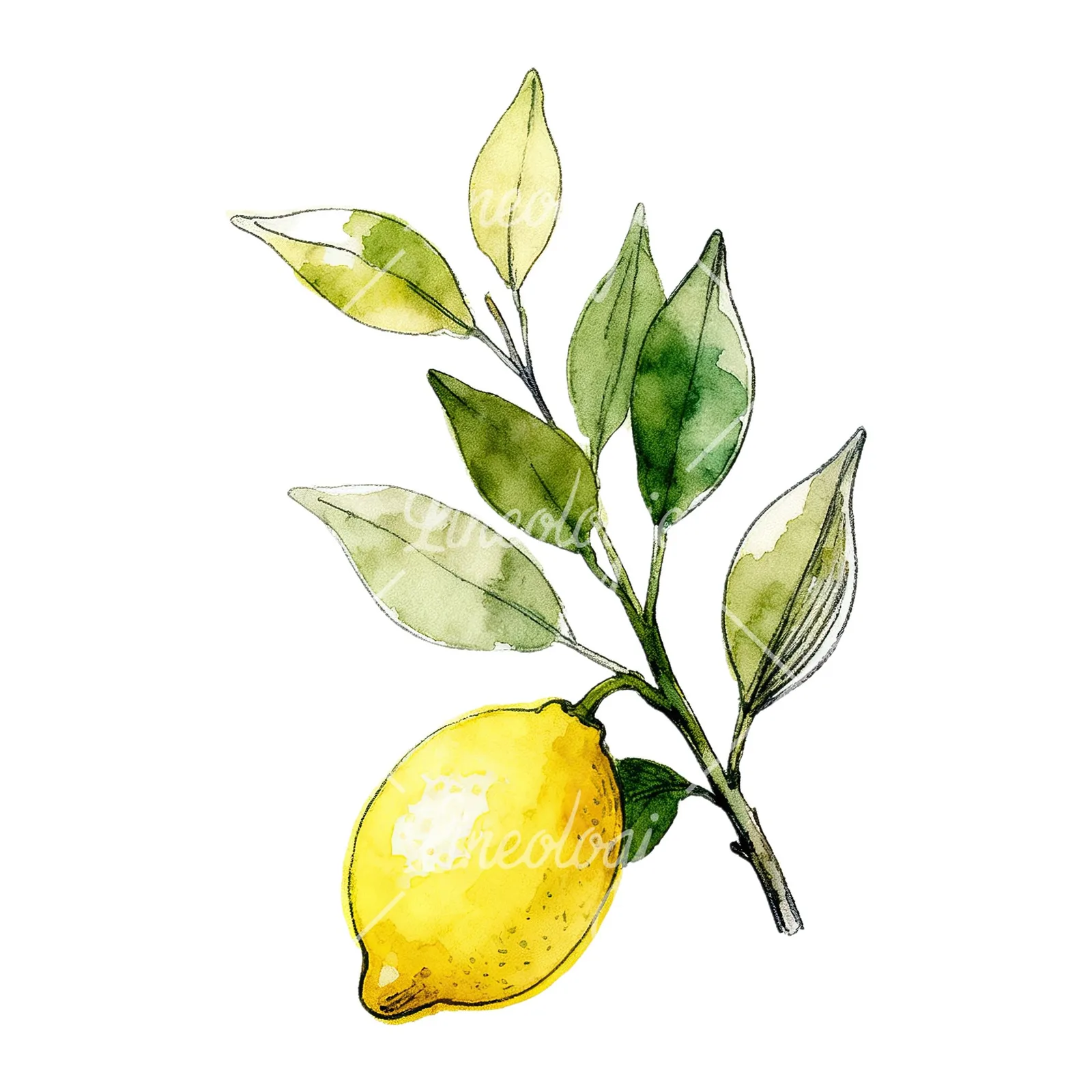 Watercolor lemon branch with leafy details clipart 3 of 9 on a white background (JPG)