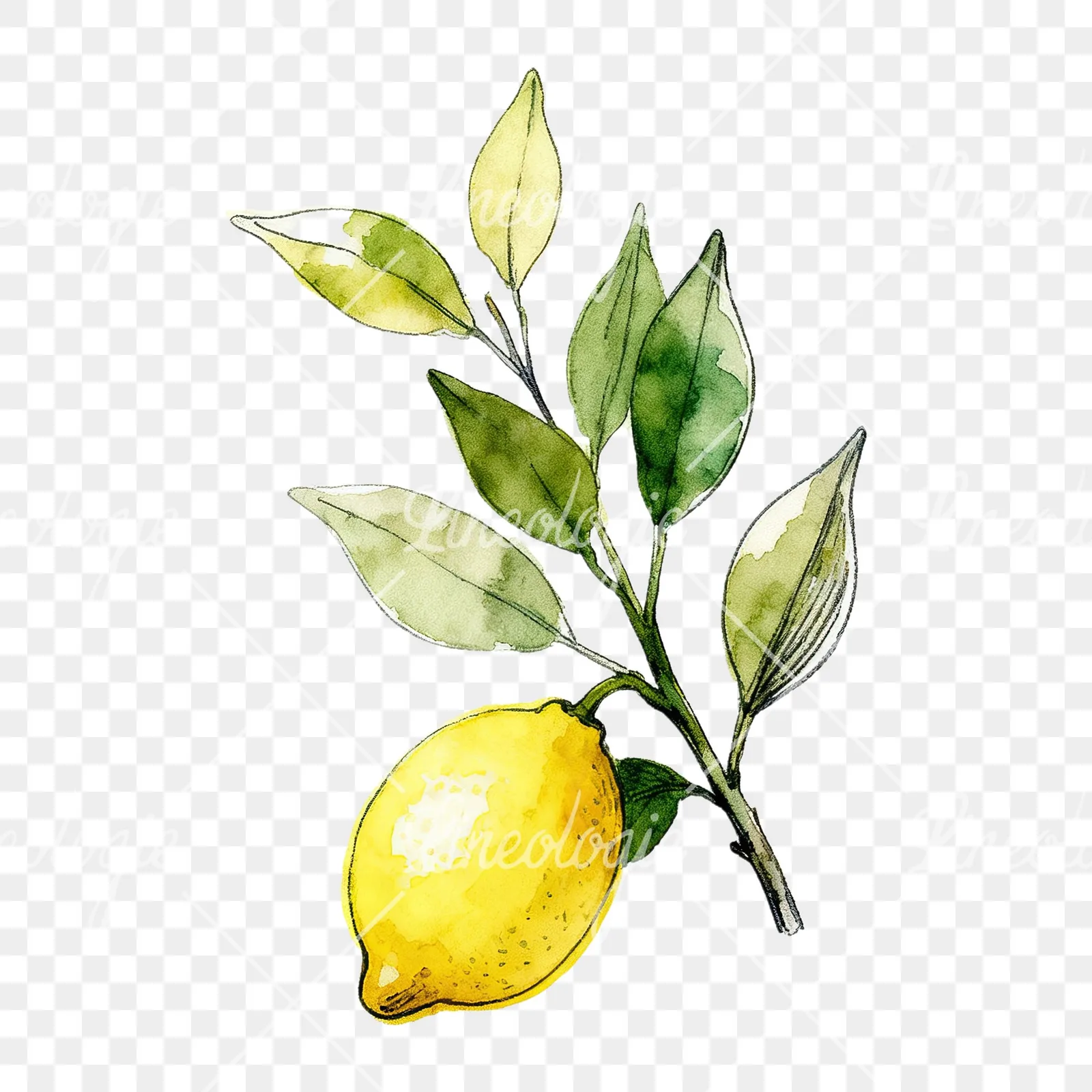 Watercolor lemon branch with leafy details clipart 3 of 9 on a transparent background (PNG)