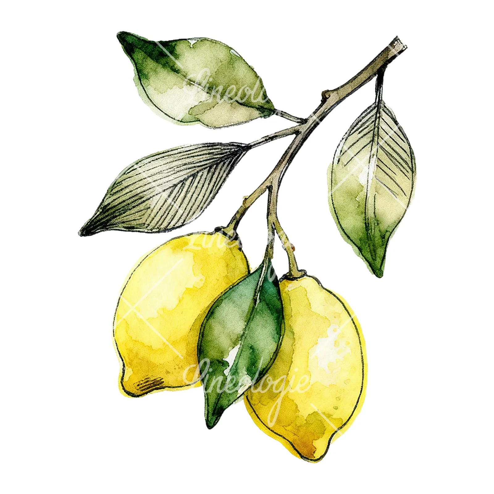 Watercolor lemon branch with leafy details clipart 4 of 9 on a white background (JPG)