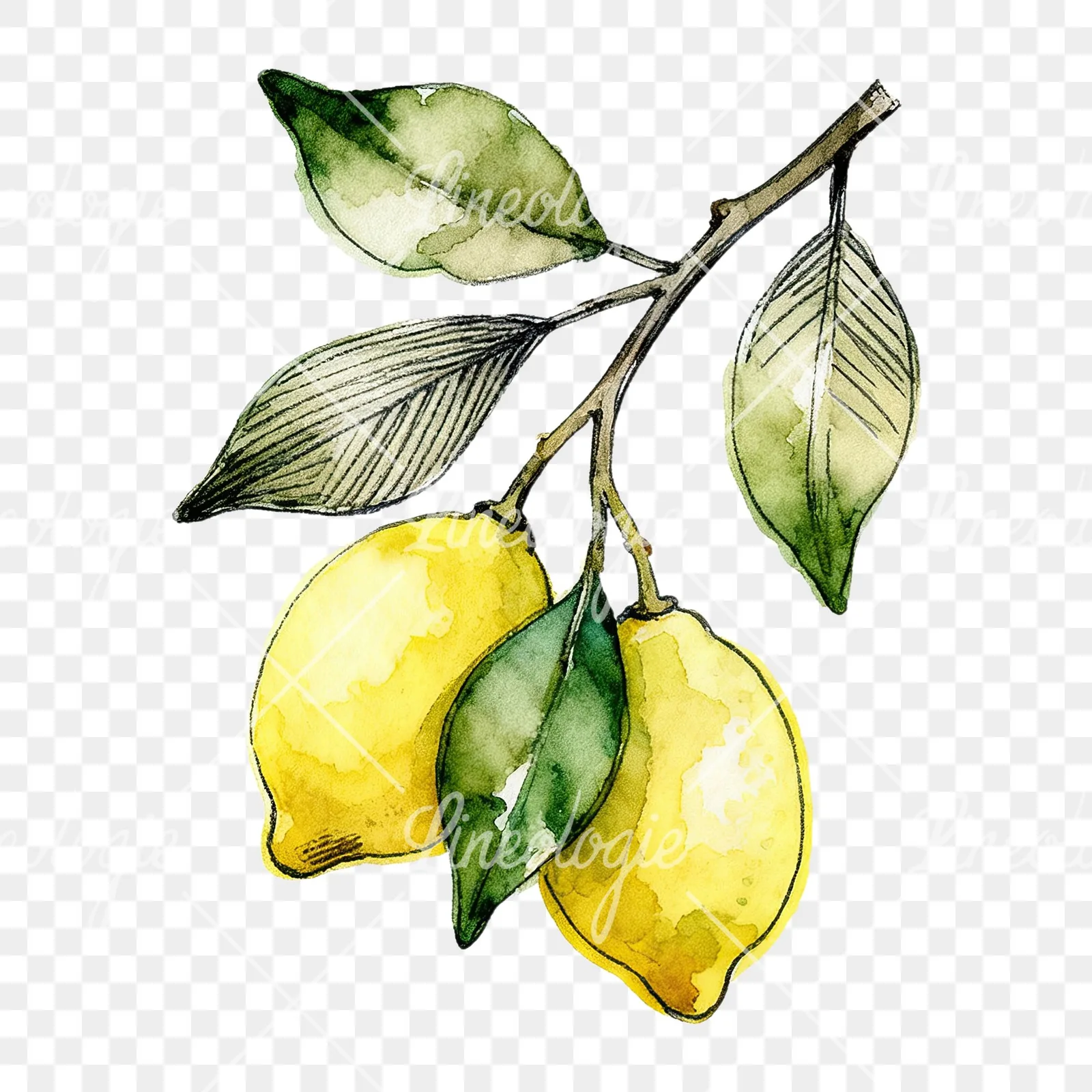 Watercolor lemon branch with leafy details clipart 4 of 9 on a transparent background (PNG)