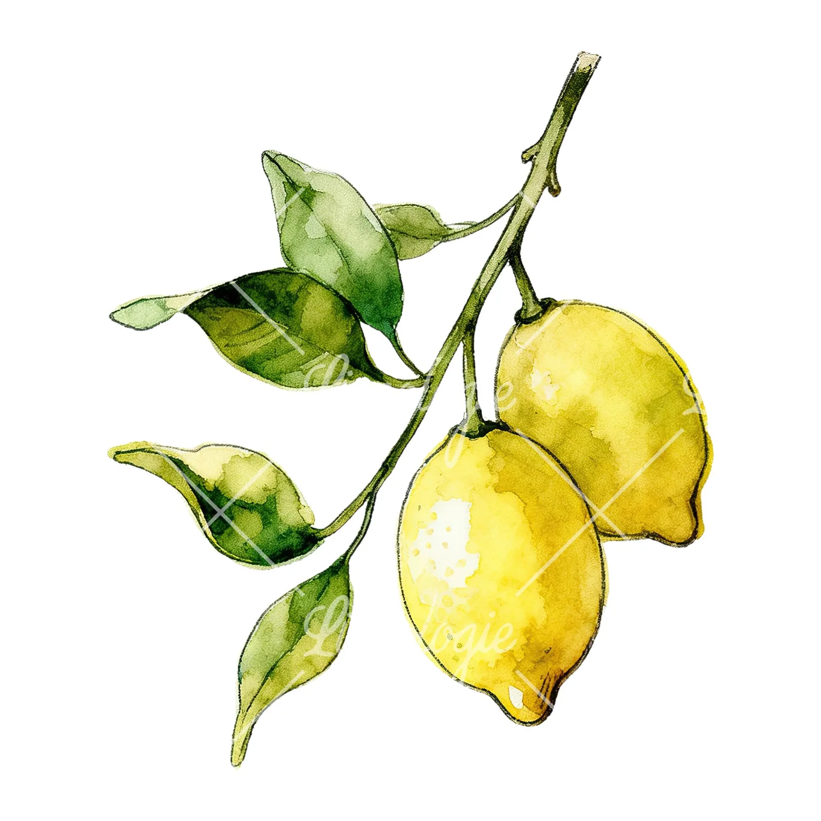 Watercolor lemon branch with leafy details clipart 5 of 9 on a white background (JPG)