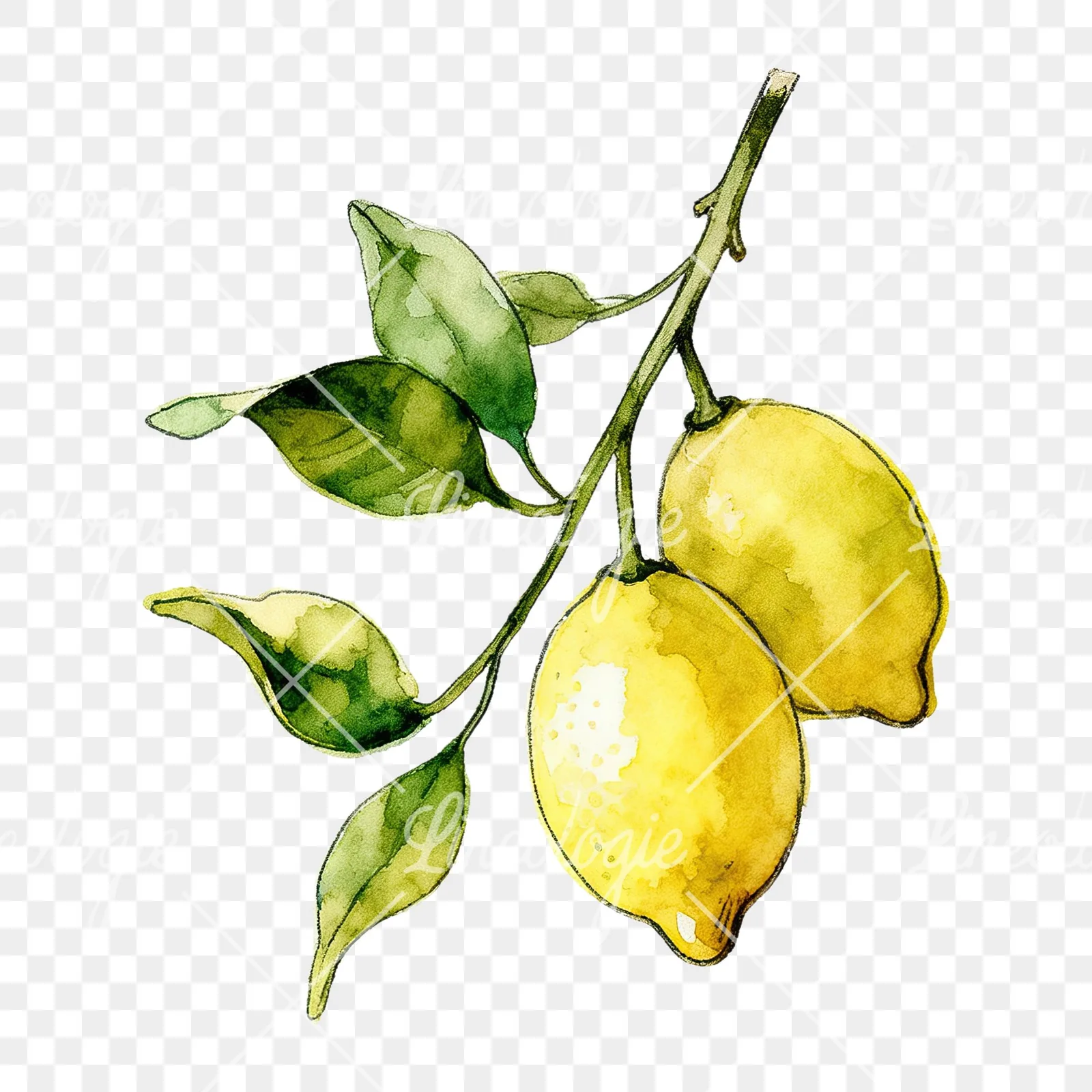 Watercolor lemon branch with leafy details clipart 5 of 9 on a transparent background (PNG)