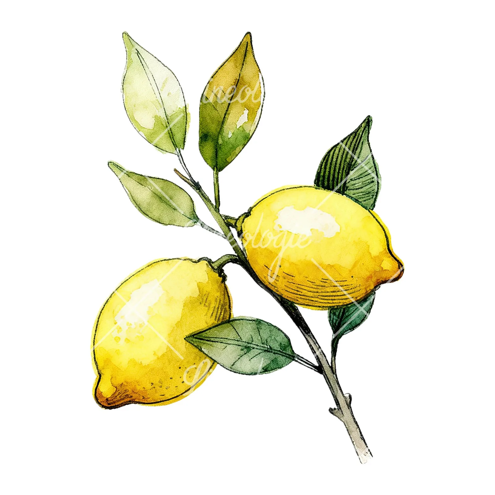 Watercolor lemon branch with leafy details clipart 6 of 9 on a white background (JPG)
