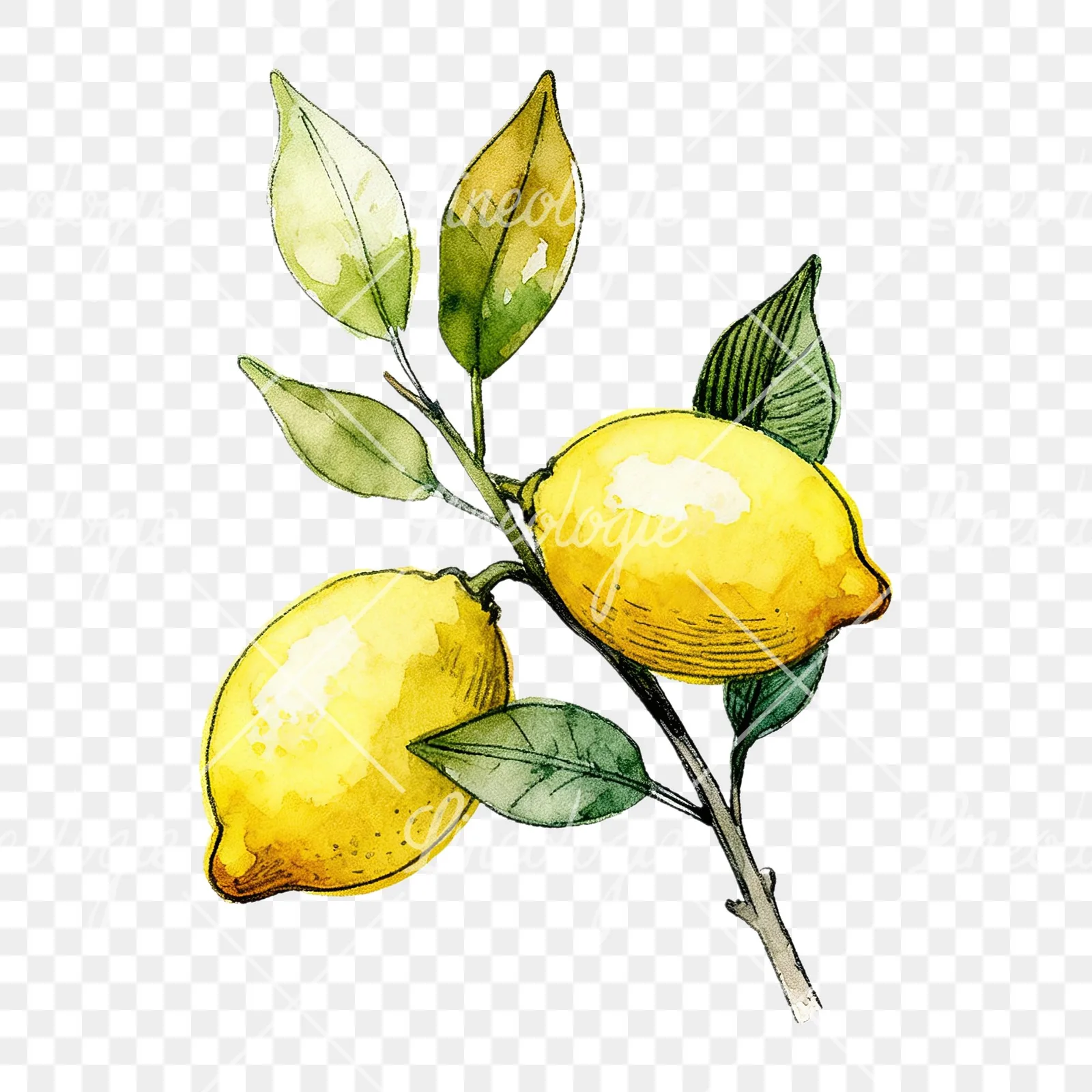 Watercolor lemon branch with leafy details clipart 6 of 9 on a transparent background (PNG)
