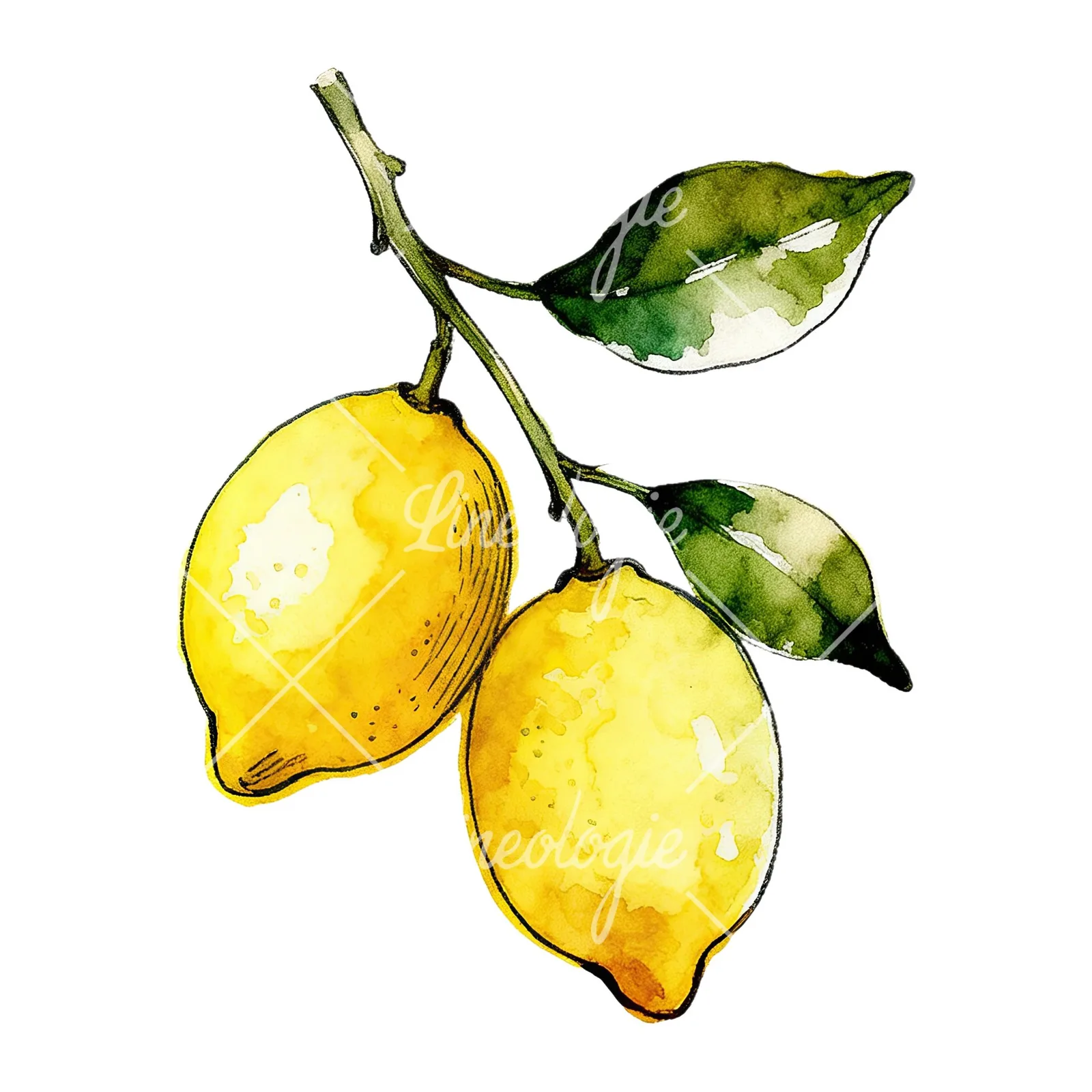 Watercolor lemon branch with leafy details clipart 7 of 9 on a white background (JPG)