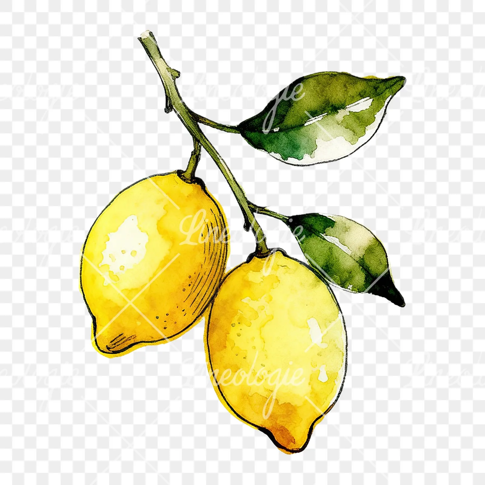 Watercolor lemon branch with leafy details clipart 7 of 9 on a transparent background (PNG)