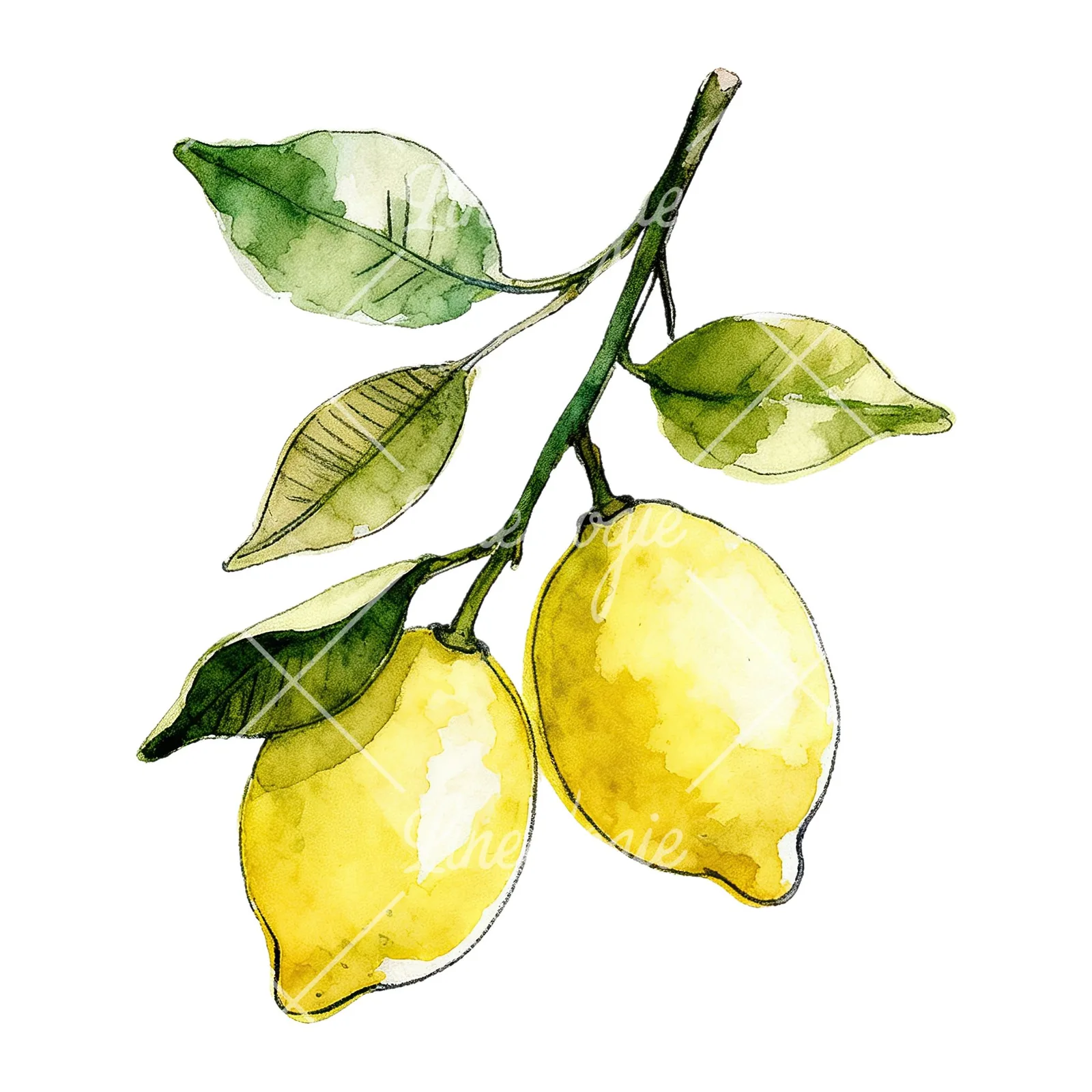 Watercolor lemon branch with leafy details clipart 8 of 9 on a white background (JPG)