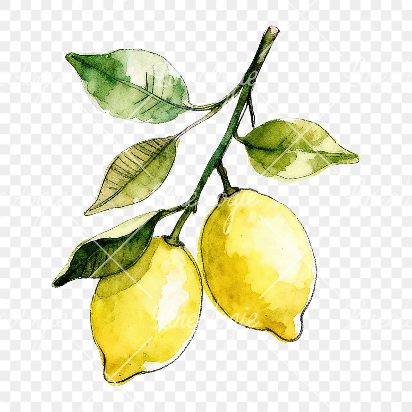 Watercolor lemon branch with leafy details clipart 8 of 9 on a transparent background (PNG)