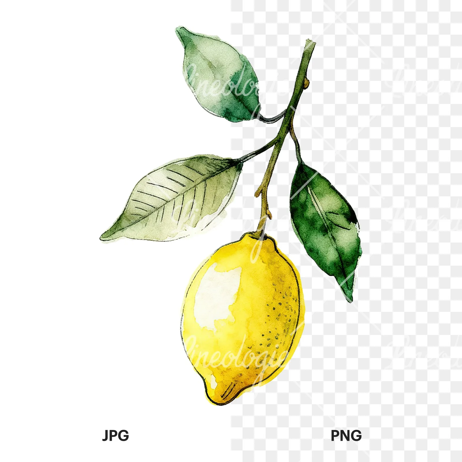 Watercolor lemon branch with leafy details clipart 9 of 9, as a JPG on white and a transparent PNG