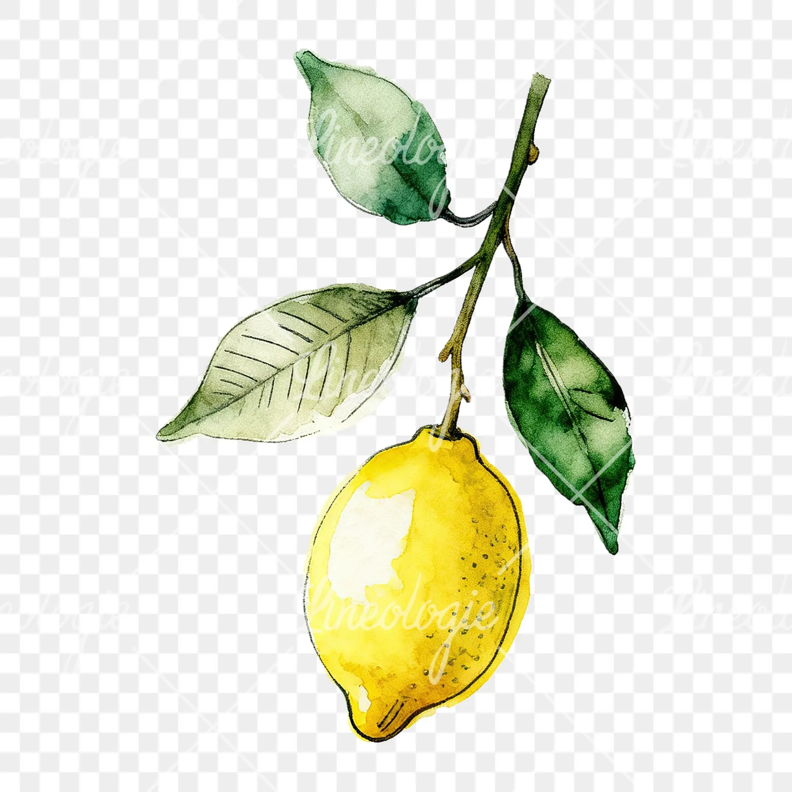 Watercolor lemon branch with leafy details clipart 9 of 9 on a transparent background (PNG)